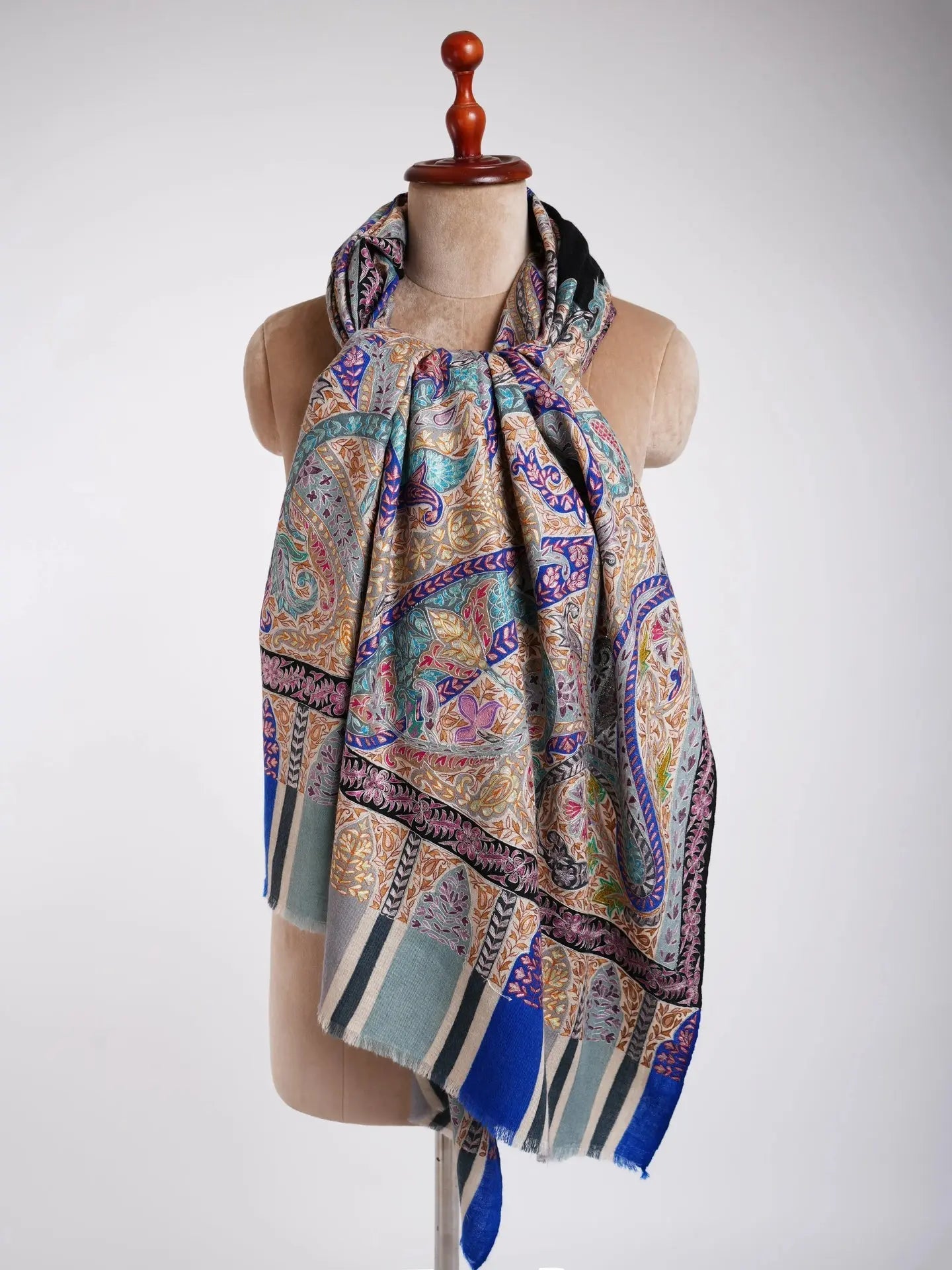 Art Silk Hand Embroidered Kalamkari Pashmina Shawl Shahkaar