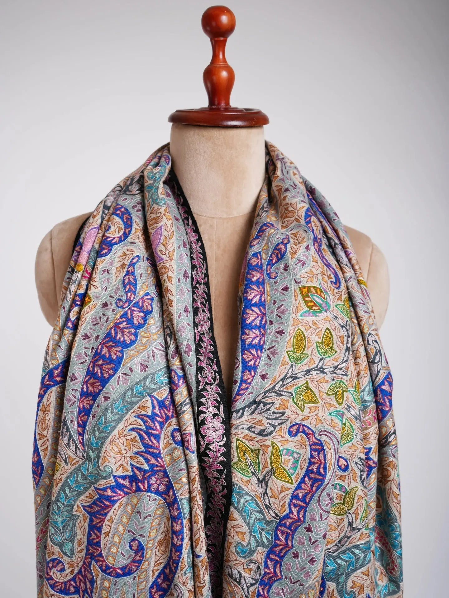 Art Silk Hand Embroidered Kalamkari Pashmina Shawl Shahkaar
