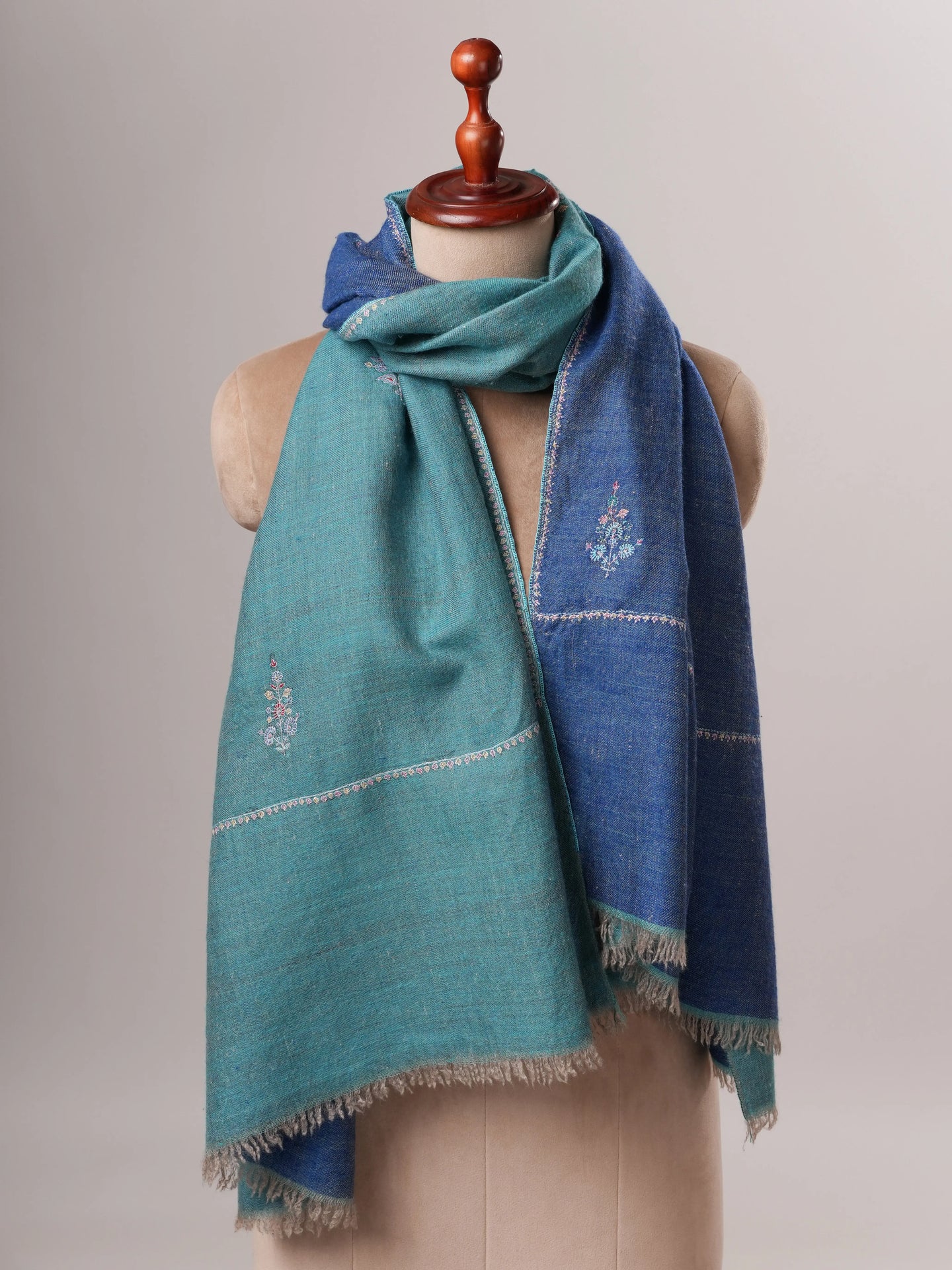 Artisan Crafted Dark Blue and Turquoise Cashmere Scarf with Hand-Embroidered Buteh Shahkaar