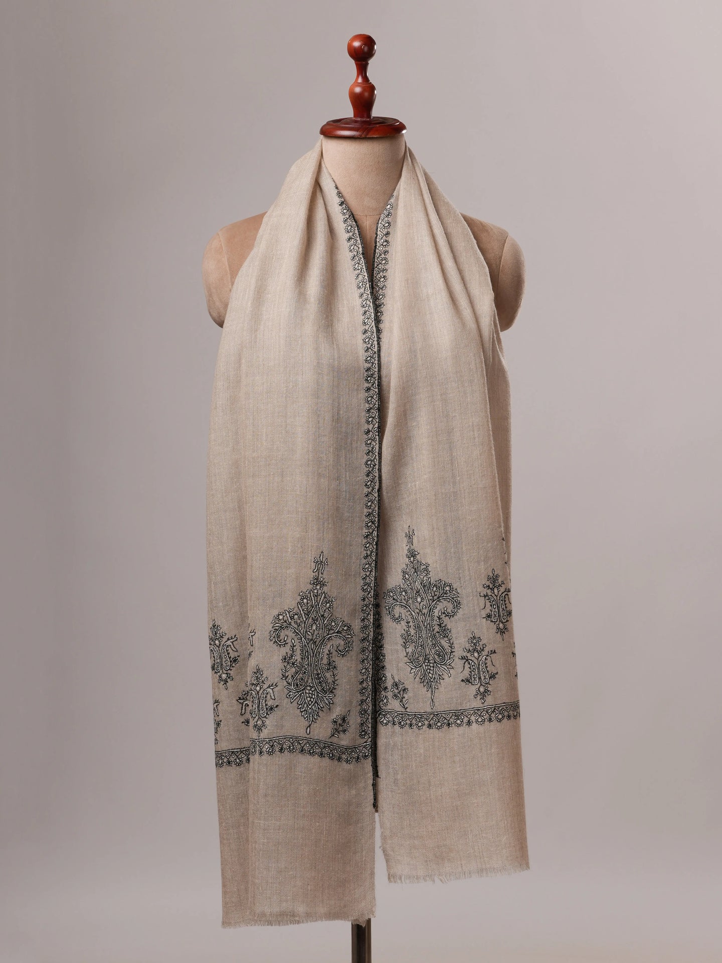 Artisan Crafted Grey Pure Cashmere Scarf Featuring Hand Embroidered Palla Shahkaar