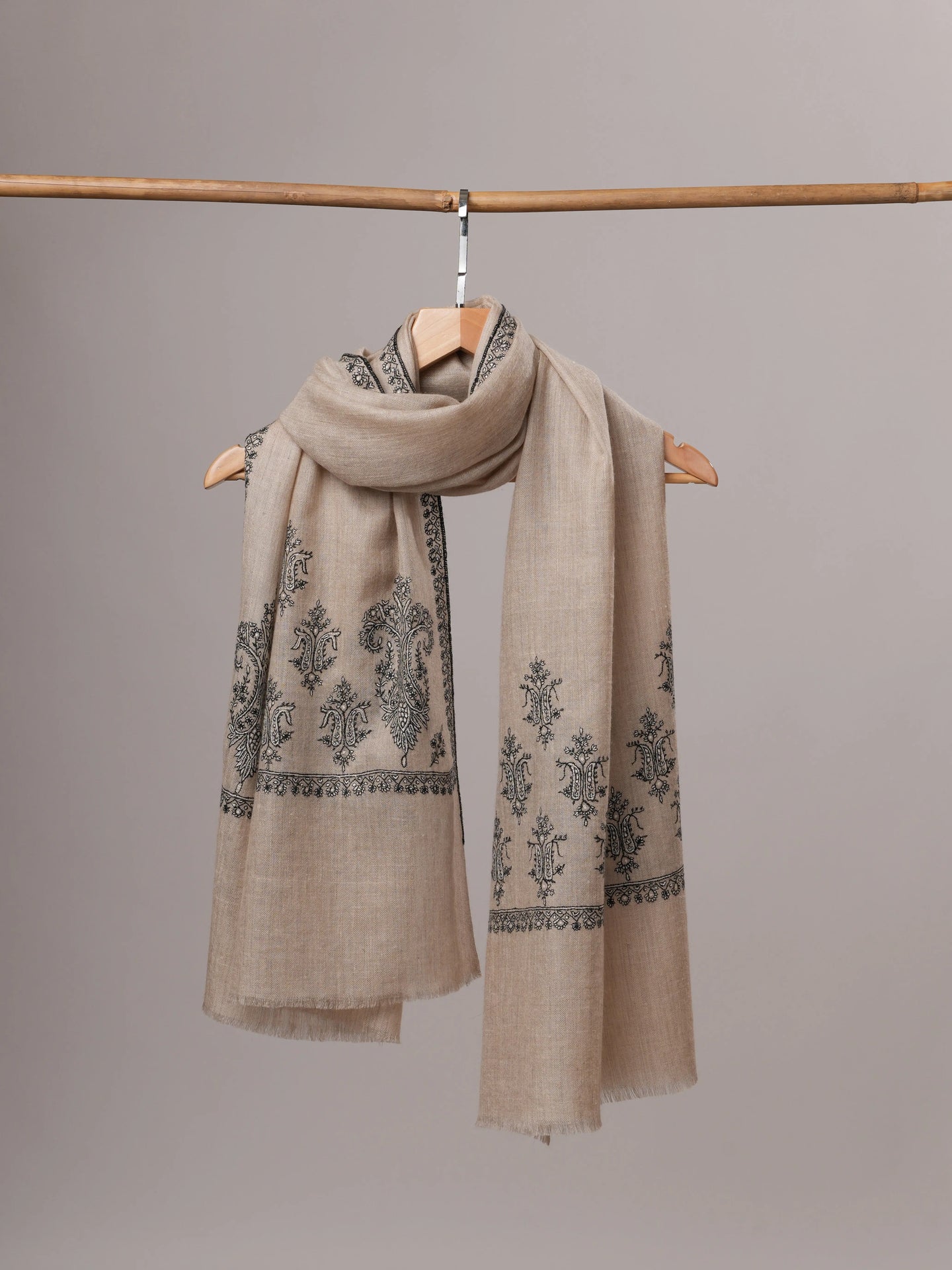 Artisan Crafted Grey Pure Cashmere Scarf Featuring Hand Embroidered Palla Shahkaar