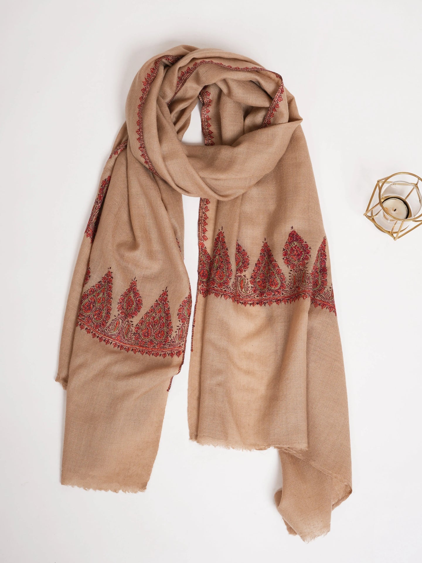 Autumn Blonde Palla Embroidered Indian Cashmere Wrap Shahkaar