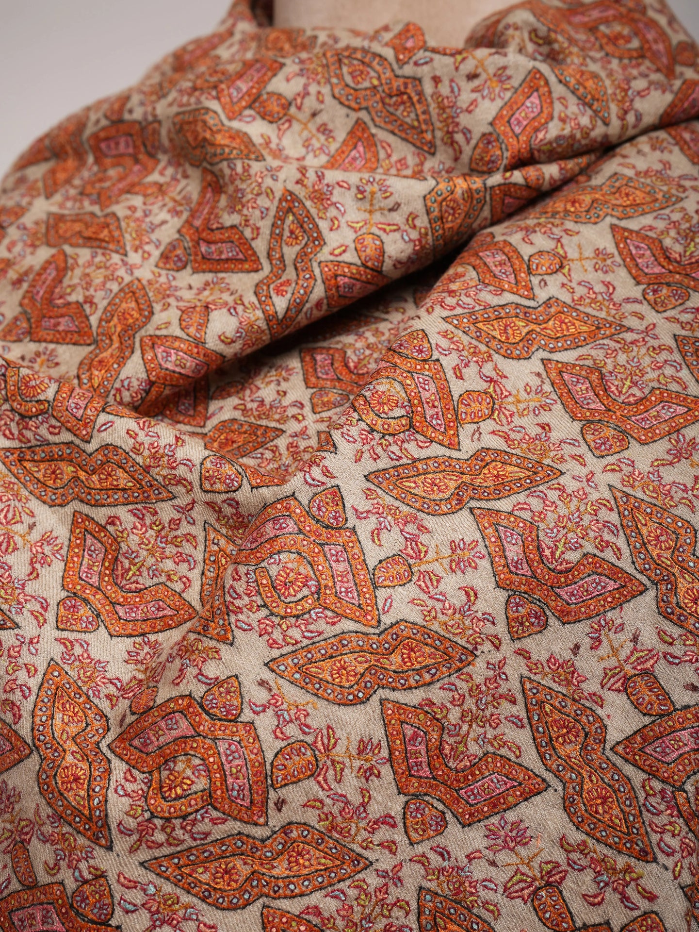 Beige Geometric Butterflies Embroidered Kashmiri Jamavar Shawl Shahkaar