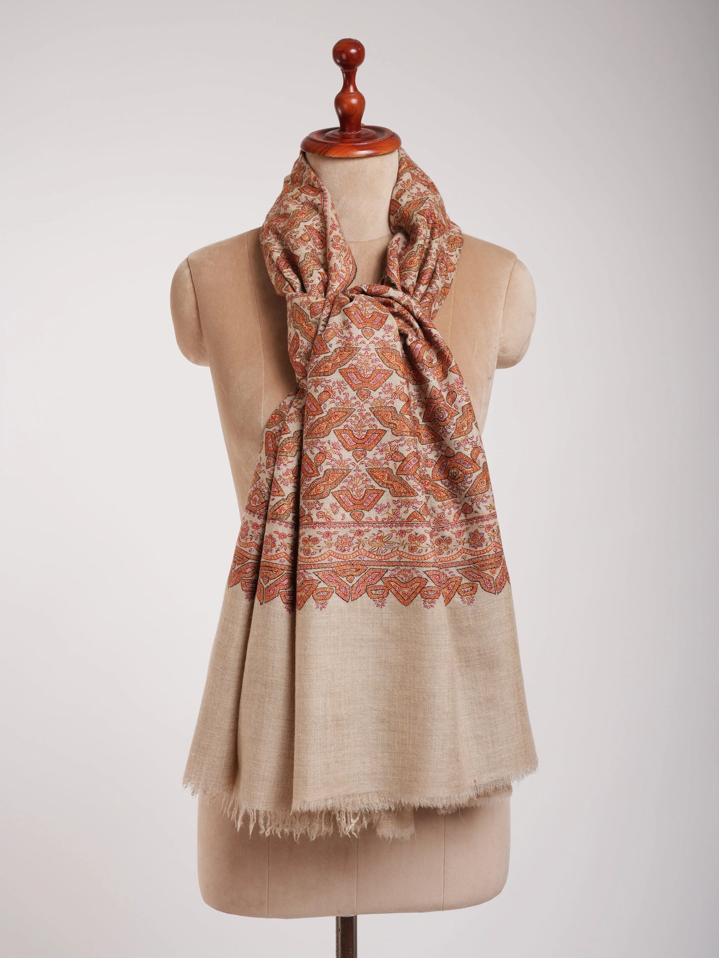 Beige Geometric Butterflies Embroidered Kashmiri Jamavar Shawl Shahkaar