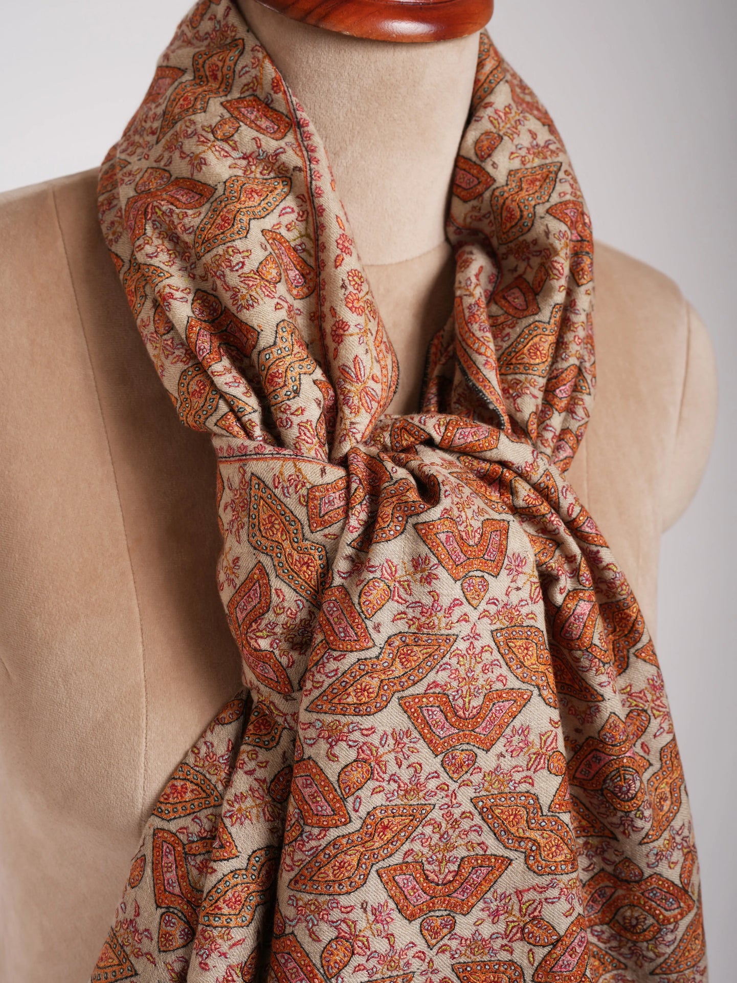 Beige Geometric Butterflies Embroidered Kashmiri Jamavar Shawl Shahkaar