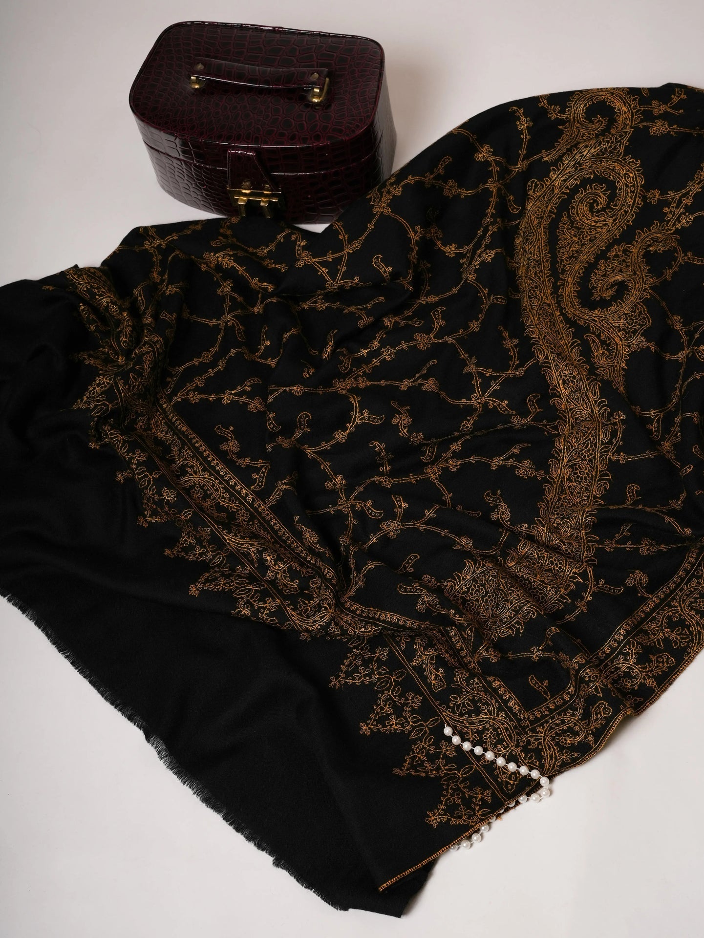 Black Big Paisley Embroidered Oversized Pure Pashmina Shawl Shahkaar