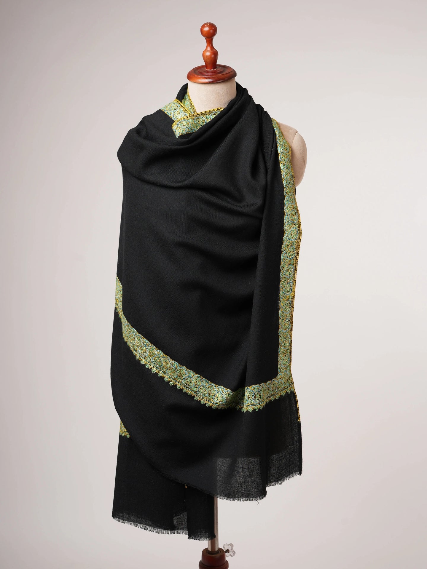 Black Fine Wool Shawl with Hand Embroidered Neemdaur Motifs Shahkaar