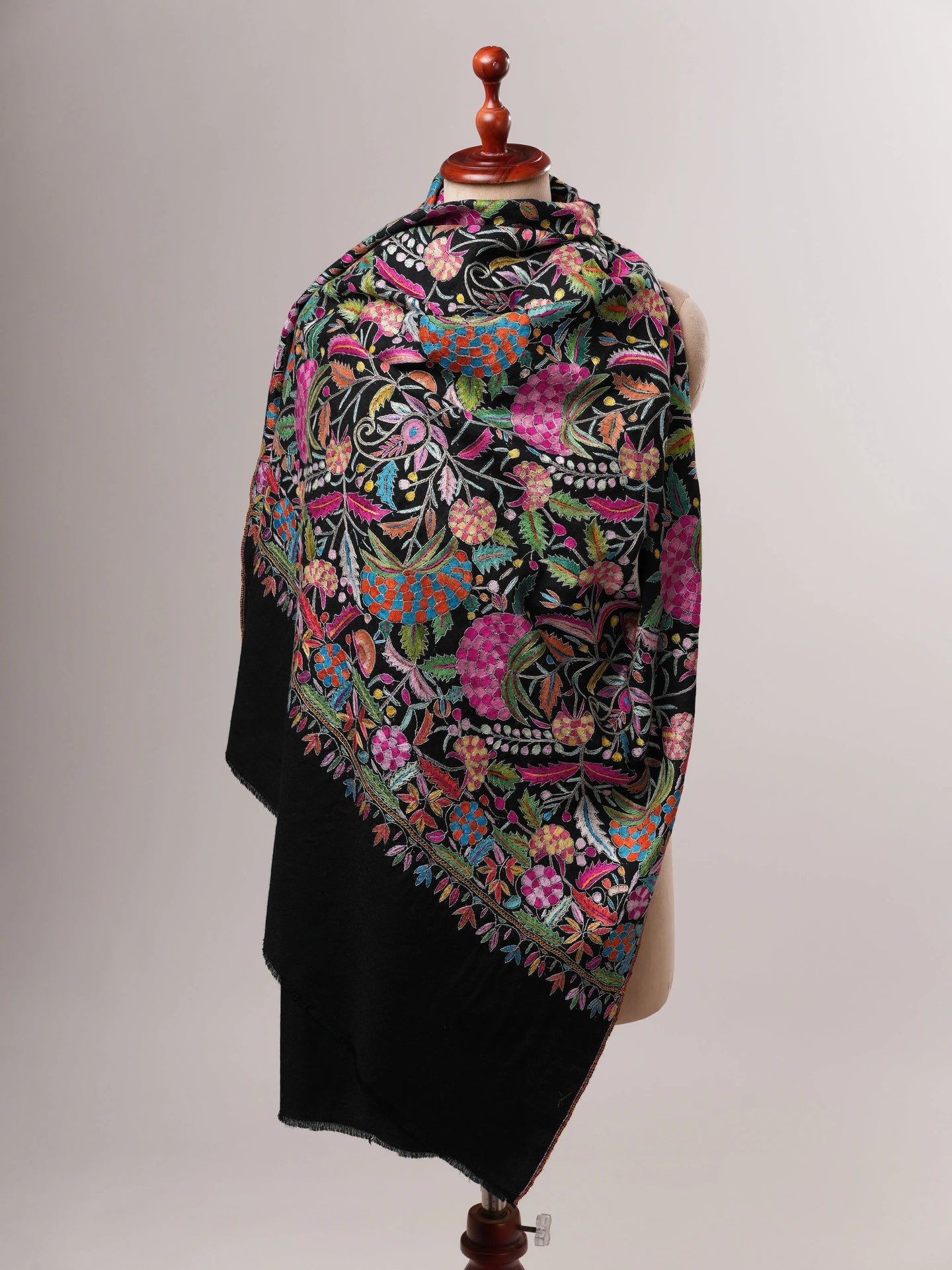 Black Pashmina Shawl with Handcrafted Floral Papermachie Motifs Shahkaar