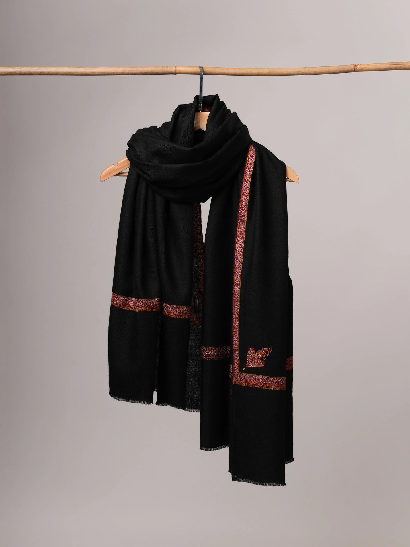 Black Pashmina Shawl with Traditional Hashia Hand Embroidery Shahkaar
