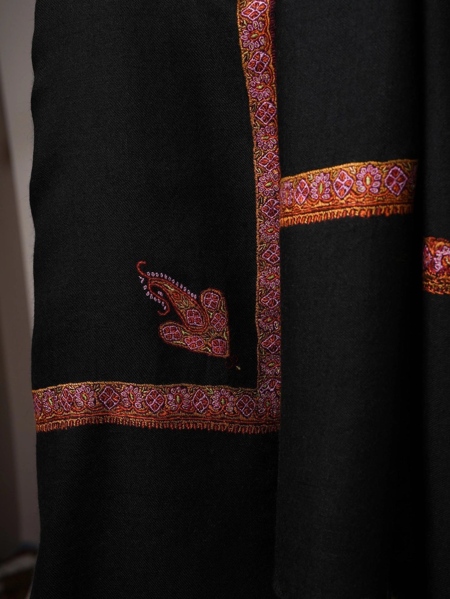 Black Pashmina Shawl with Traditional Hashia Hand Embroidery Shahkaar
