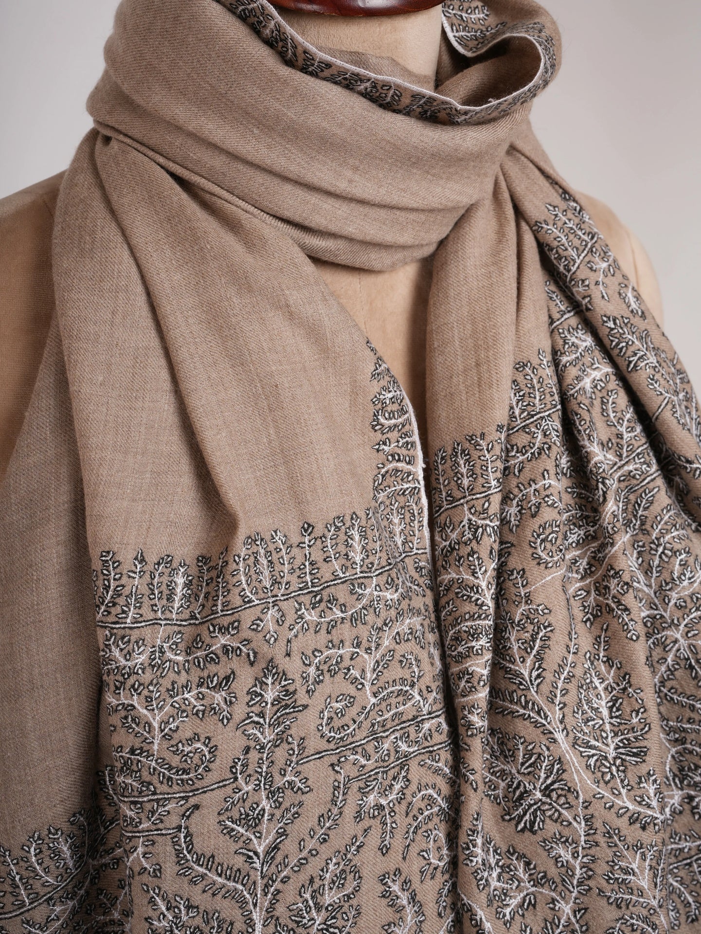 Black and White Embroidered Pure Pashmina Shawl Shahkaar