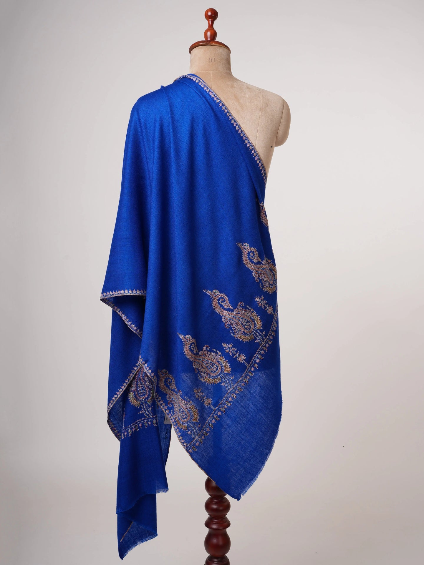 Blue Pure Cashmere Pashmina Scarf with Hand Embroidered Paisley Palla Shahkaar