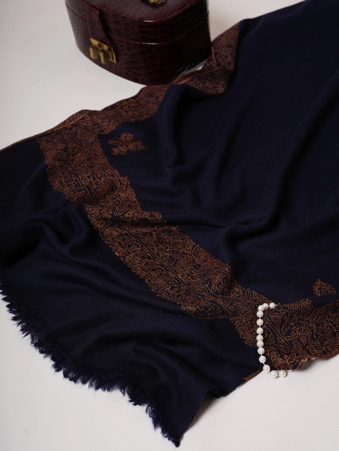 Contemporary Dark Blue Cashmere Scarf with Handcrafted Daur Embroidery Shahkaar