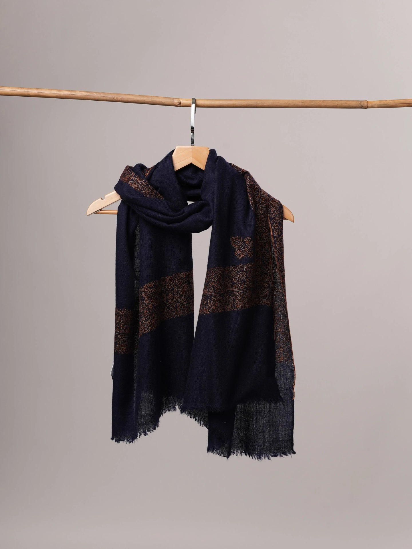Contemporary Dark Blue Cashmere Scarf with Handcrafted Daur Embroidery Shahkaar