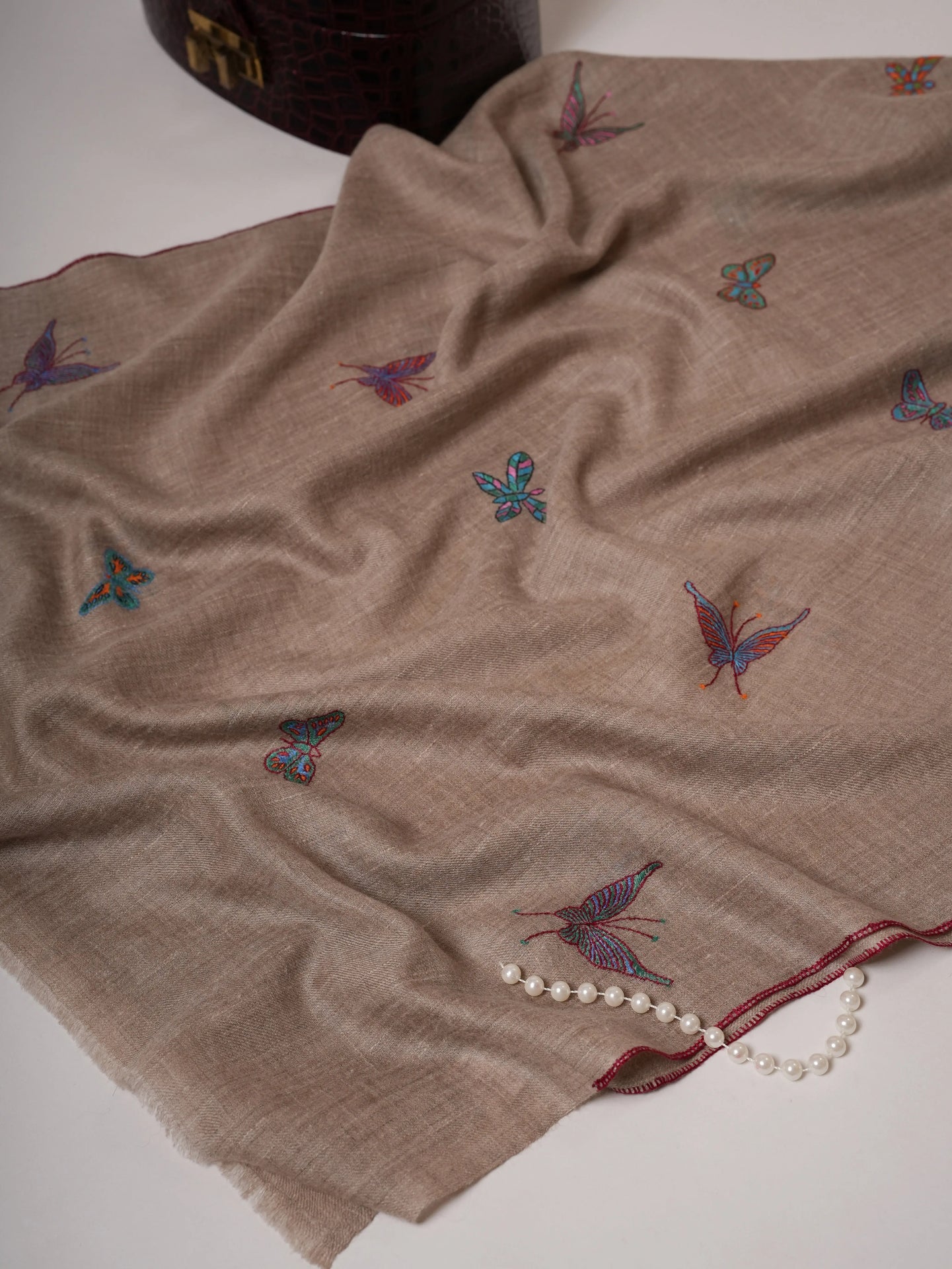 Contemporary Handwoven Cashmere Scarf with Butterfly Motifs Shahkaar