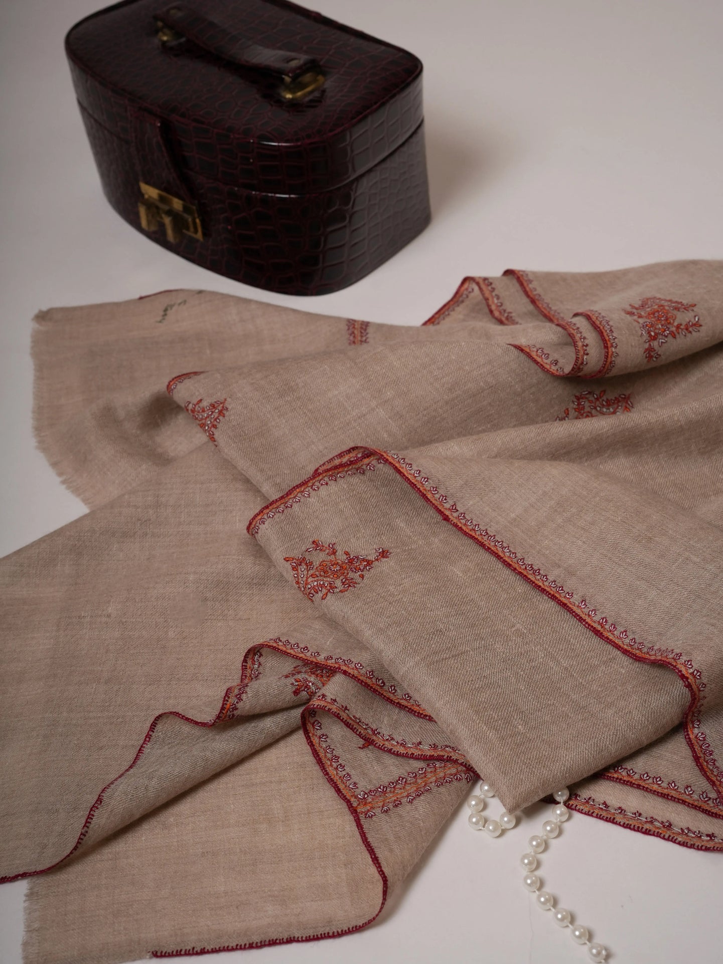 Contemporary Natural Grey Cashmere Scarf with Buteh Handwork Shahkaar