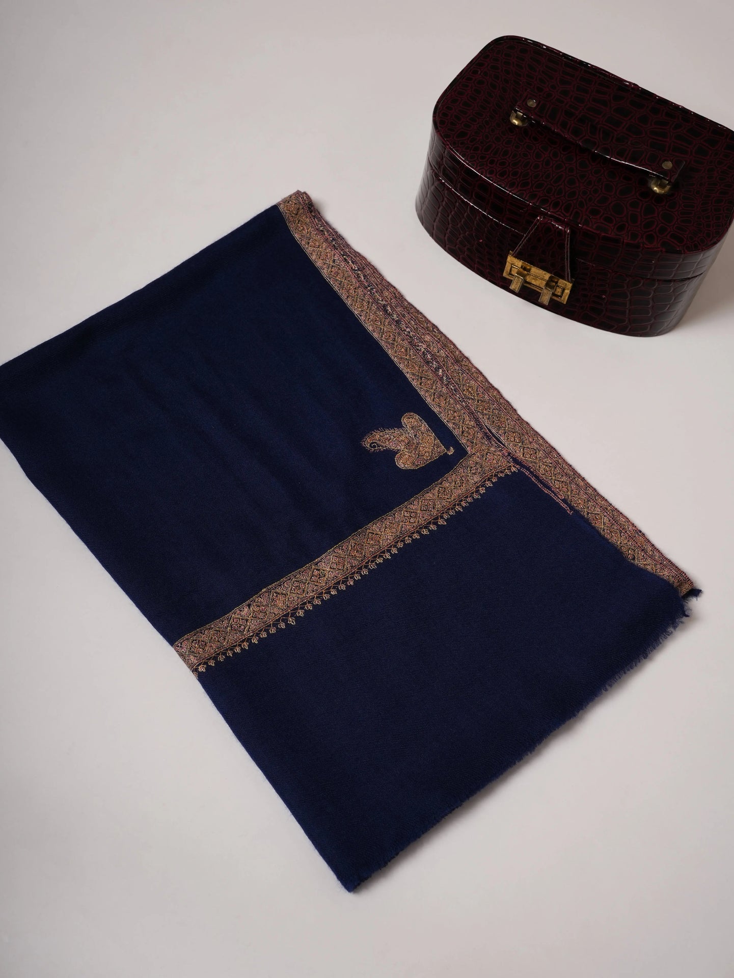 Dark Blue Cashmere Scarf with Classic Hand Embroidery Shahkaar