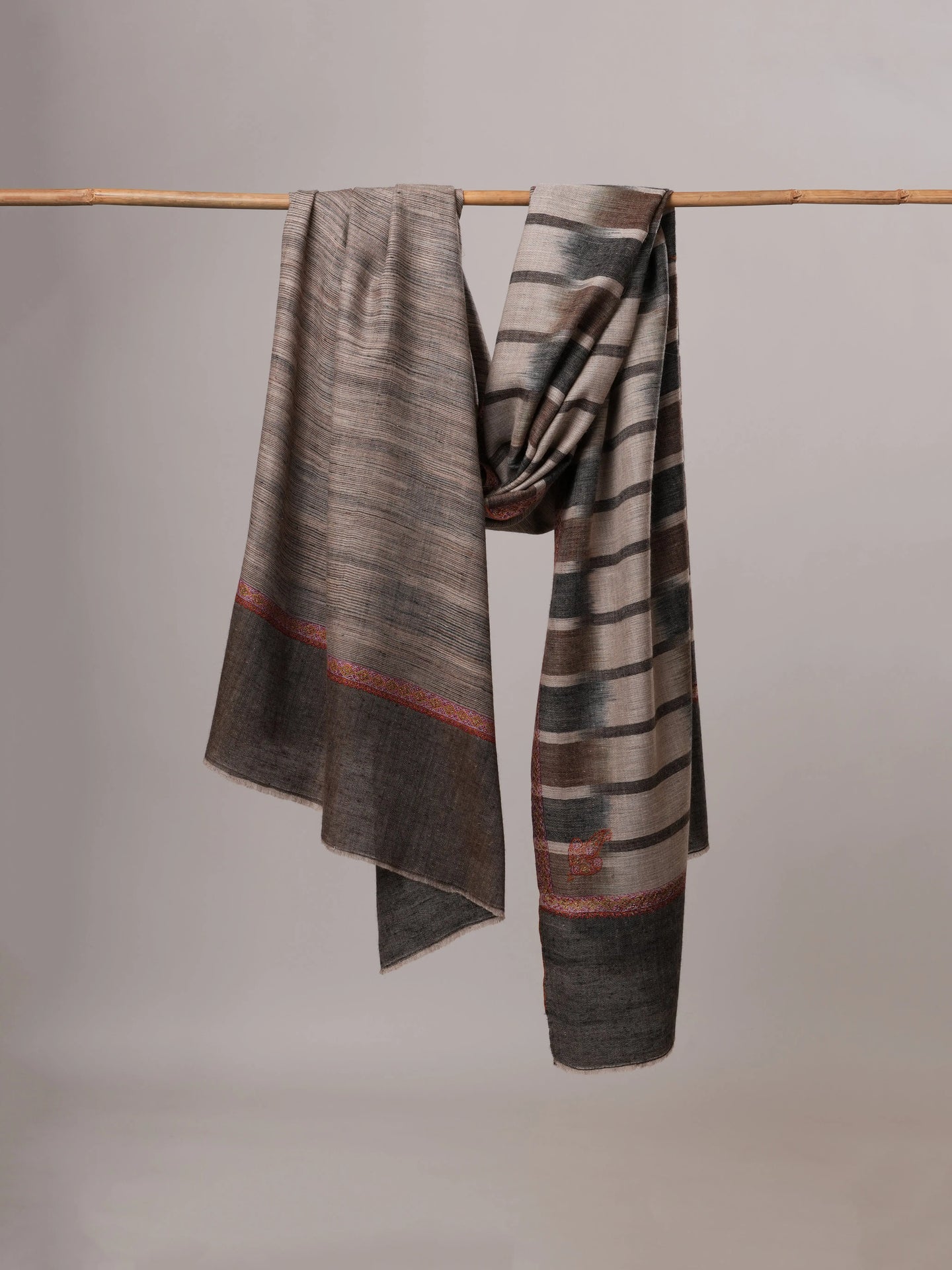 Dual Tone Oversized Handwoven Pashmina Shawl with Hashia Hand Embroidery Shahkaar