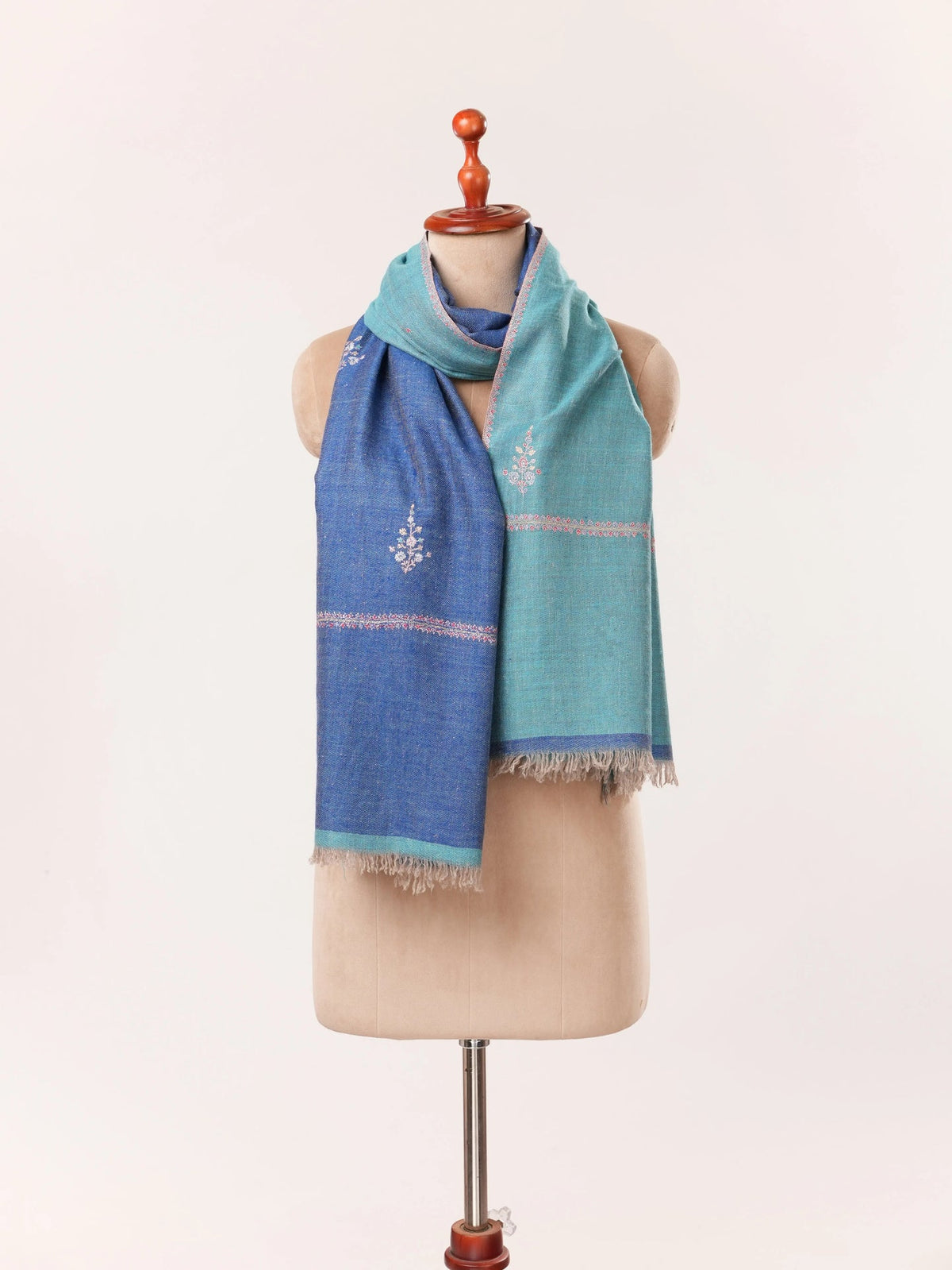 Dual Tone Handwoven Cashmere Scarf with Buteh Sozni Embroidery from Kashmir Shahkaar.com