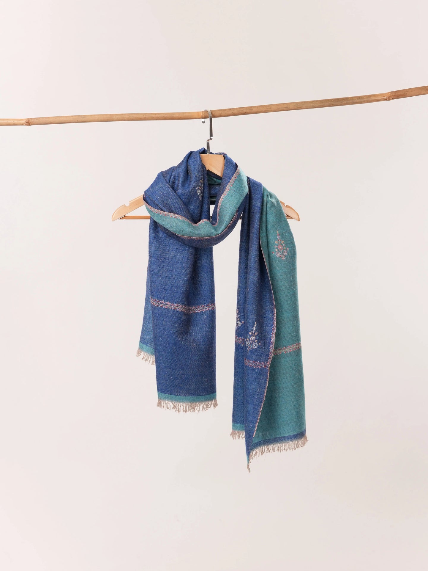 Dual Tone Handwoven Cashmere Scarf with Buteh Sozni Embroidery from Kashmir Shahkaar.com