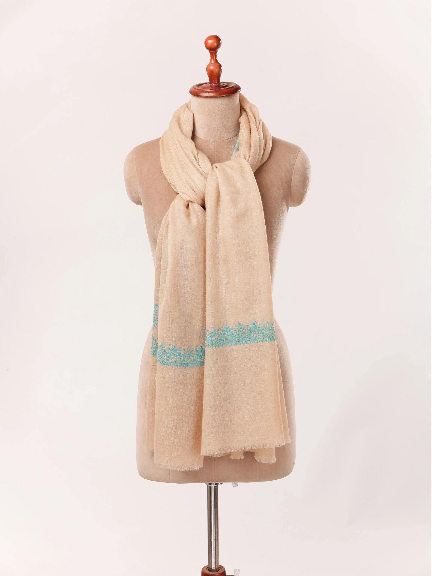 Kashmiri Handwoven Tan Pashmina Shawl with Neemdaur Hand Sozni Embroidery Shahkaar.com