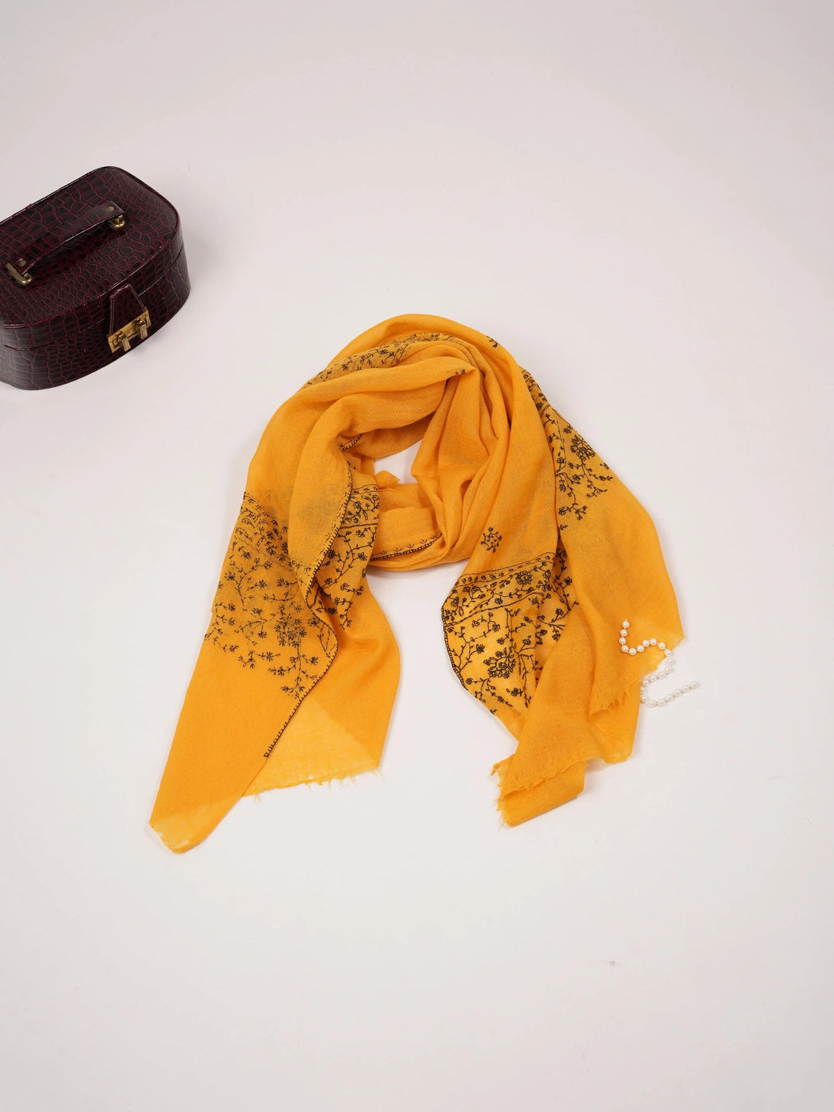 Original Mustard Fine Boiled Wool Shawl with Palldar Hand Sozni Embroidery Shahkaar.com