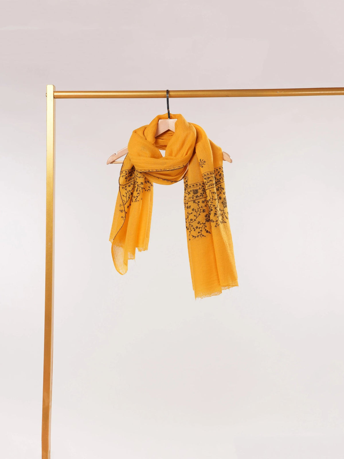 Original Mustard Fine Boiled Wool Shawl with Palldar Hand Sozni Embroidery Shahkaar.com