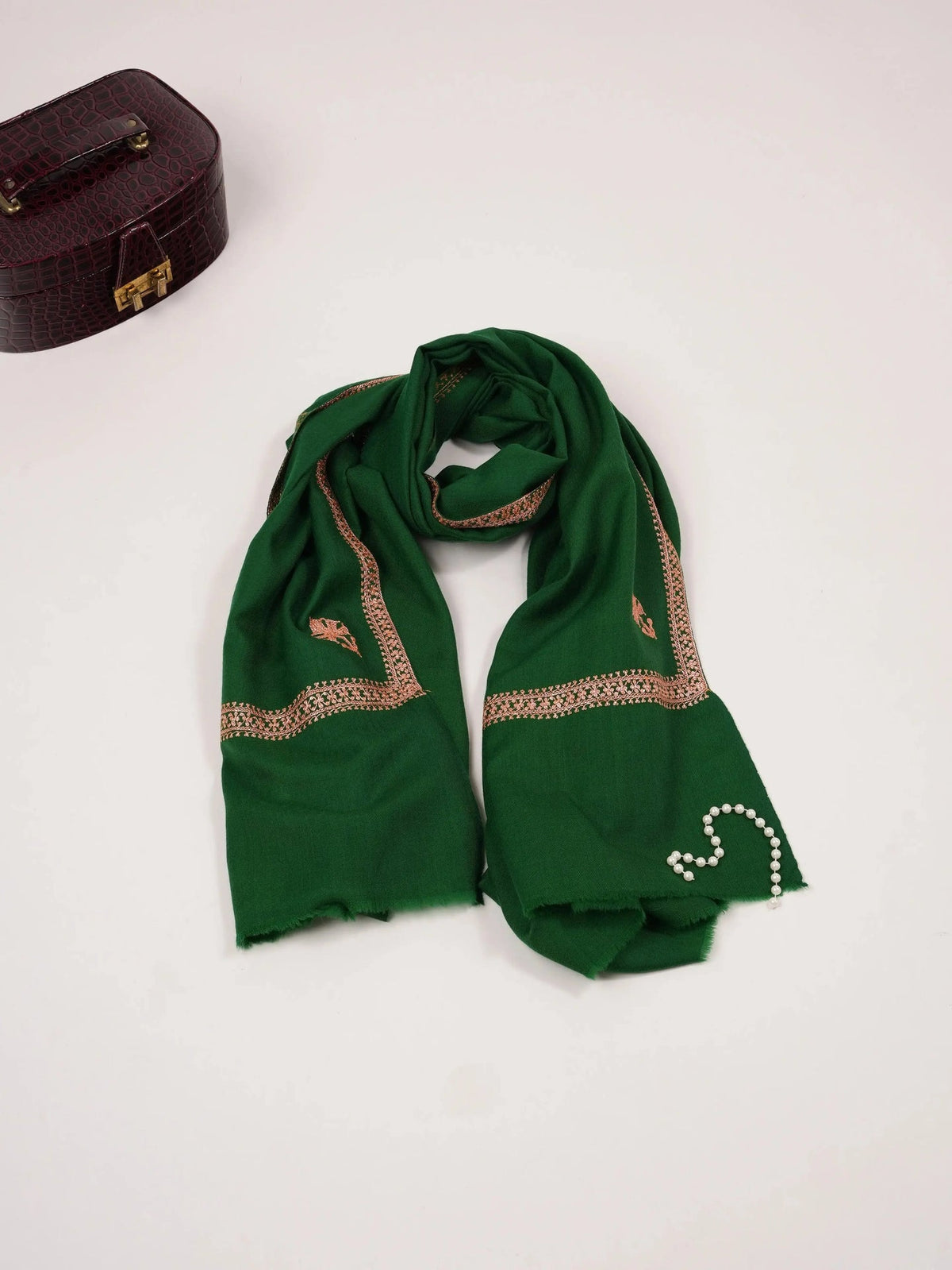 Emerald Green Fine Wool Shawl with Baildar Hand Tilla Embroidery Shahkaar.com