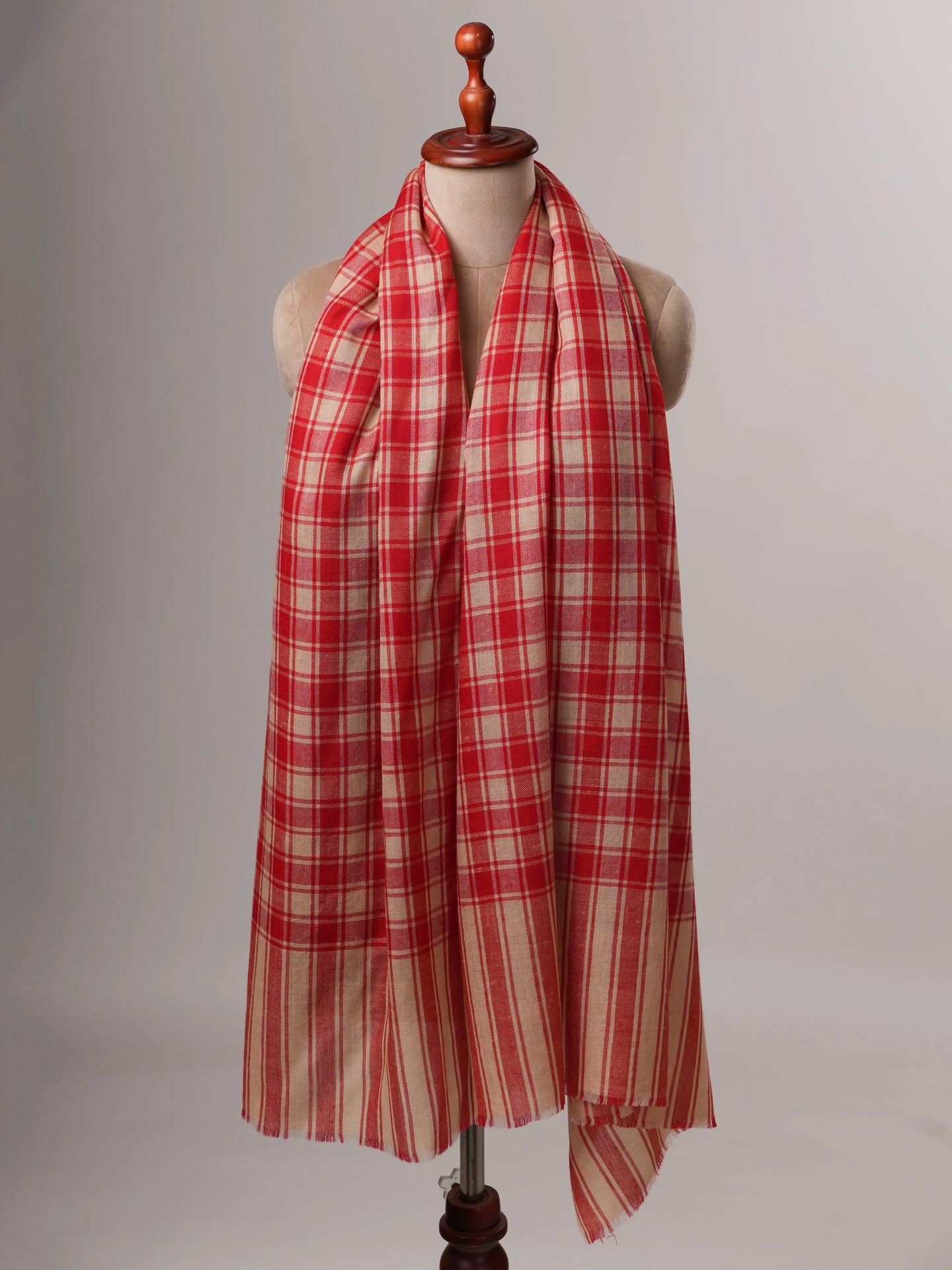 Featherlight Handwoven Shawl in Red Beige Checks Shahkaar