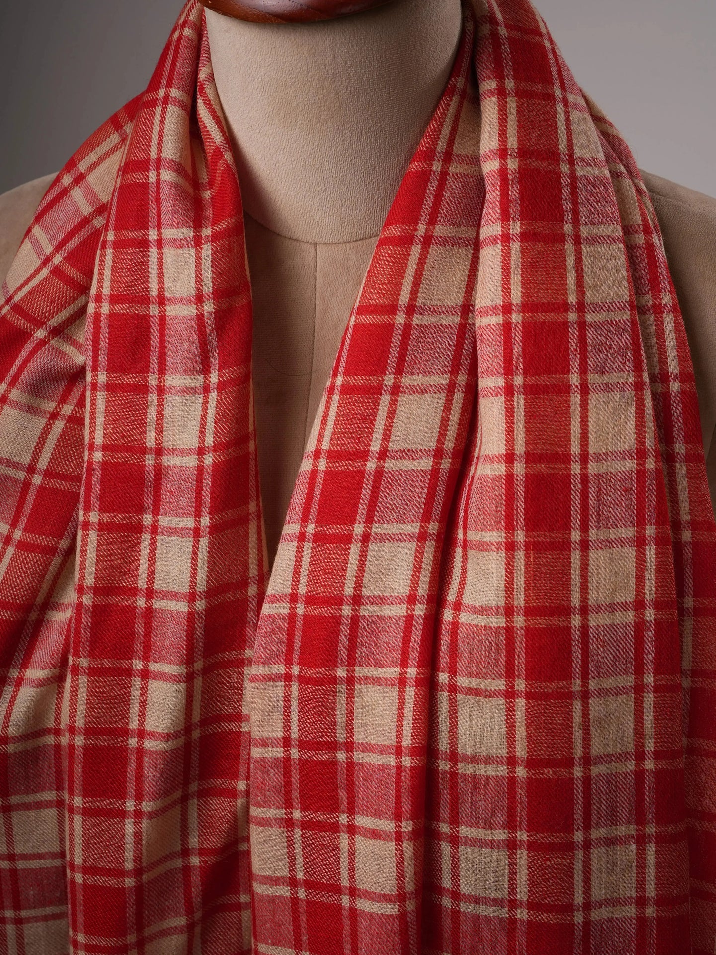 Featherlight Handwoven Shawl in Red Beige Checks Shahkaar