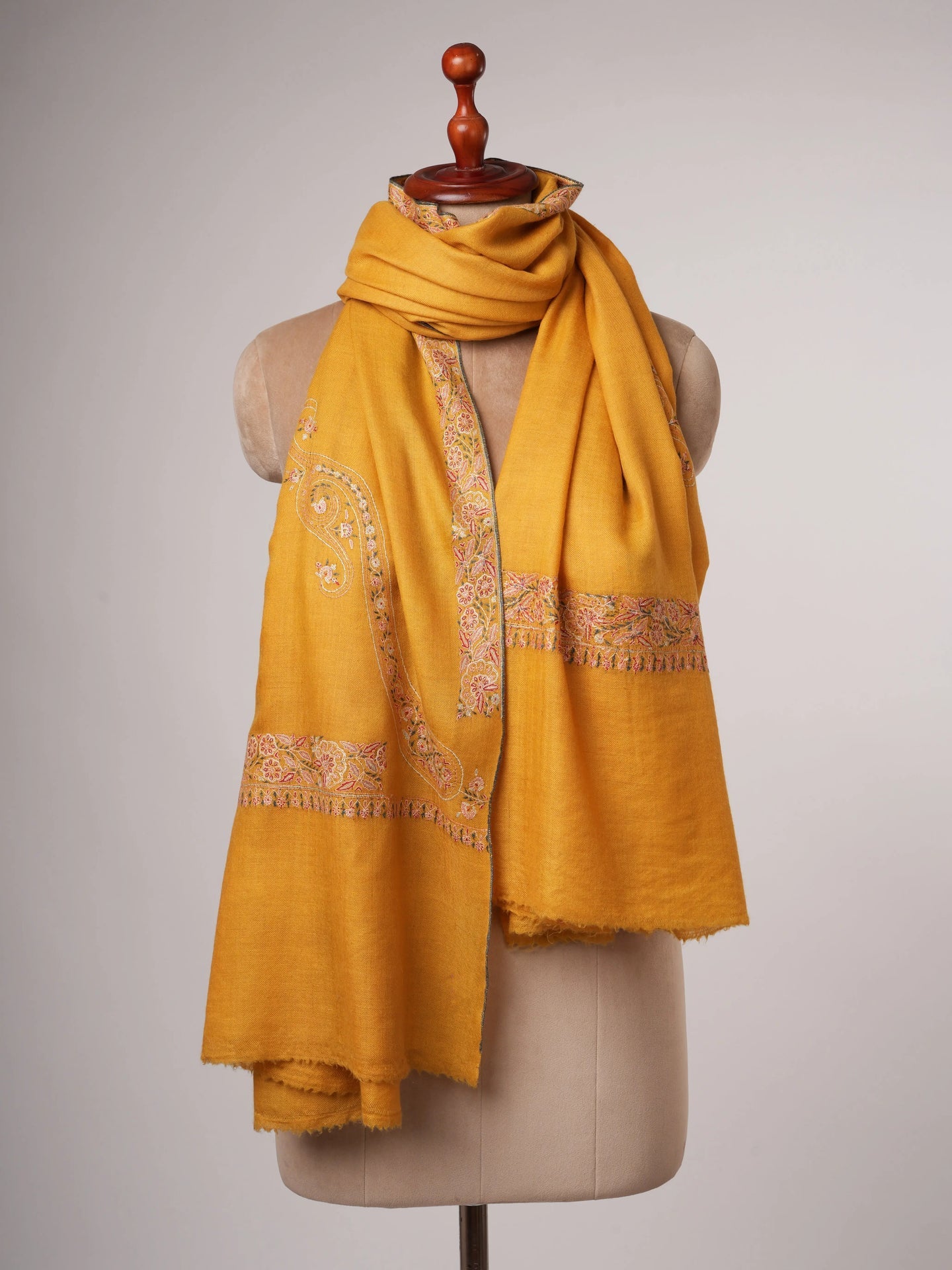 Golden Pashmina Shawl with Fine Border Embroidery Classic Paisley Corners Soft Elegant Shahkaar