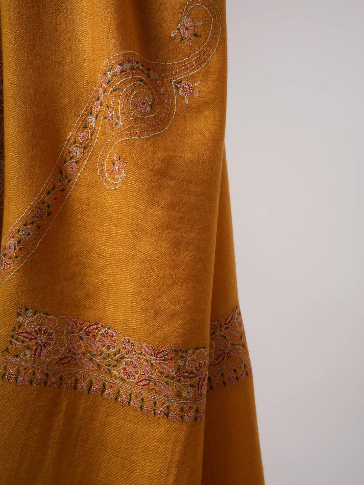Golden Pashmina Shawl with Fine Border Embroidery Classic Paisley Corners Soft Elegant Shahkaar