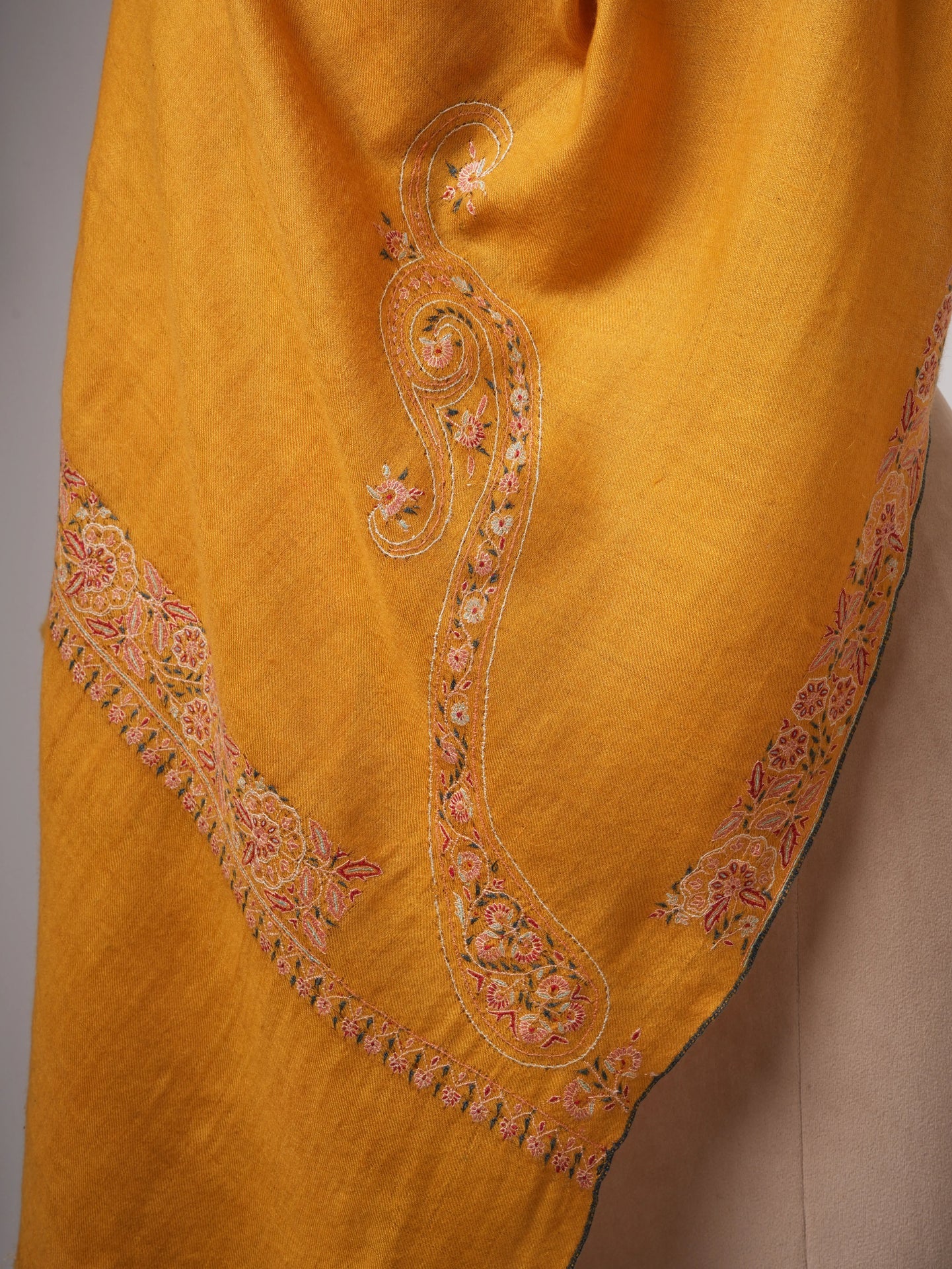 Golden Pashmina Shawl with Fine Border Embroidery Classic Paisley Corners Soft Elegant Shahkaar