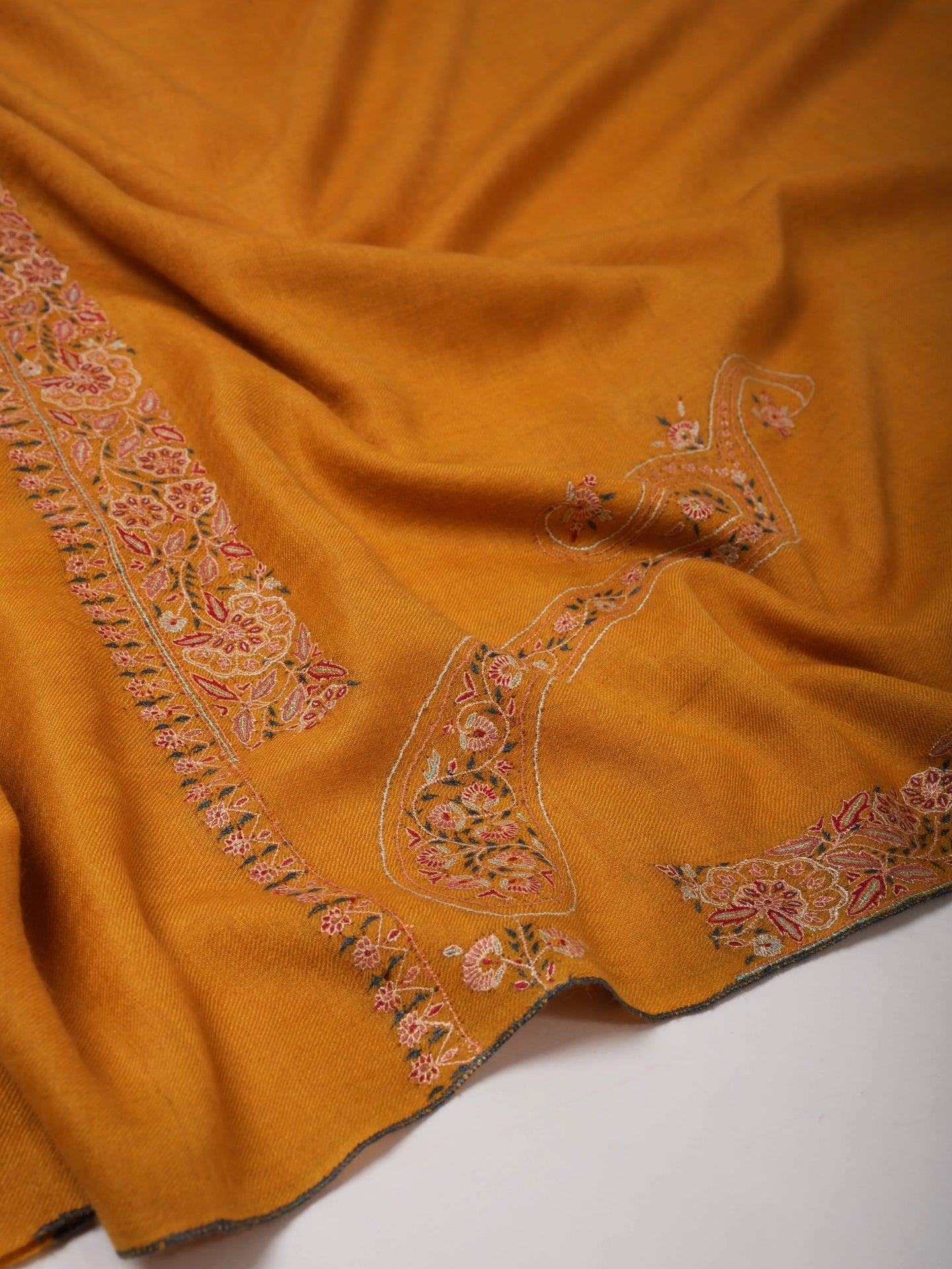 Golden Pashmina Shawl with Fine Border Embroidery Classic Paisley Corners Soft Elegant Shahkaar
