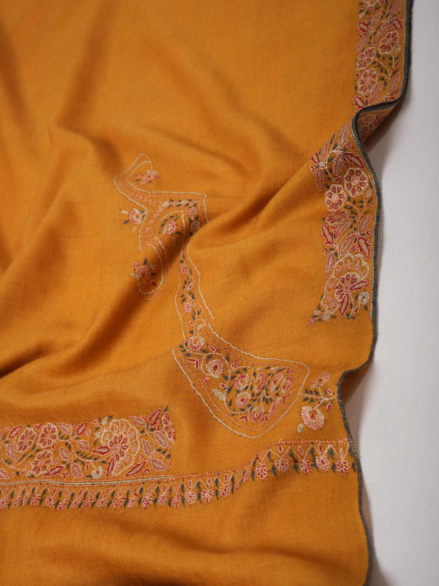 Golden Pashmina Shawl with Fine Border Embroidery Classic Paisley Corners Soft Elegant Shahkaar