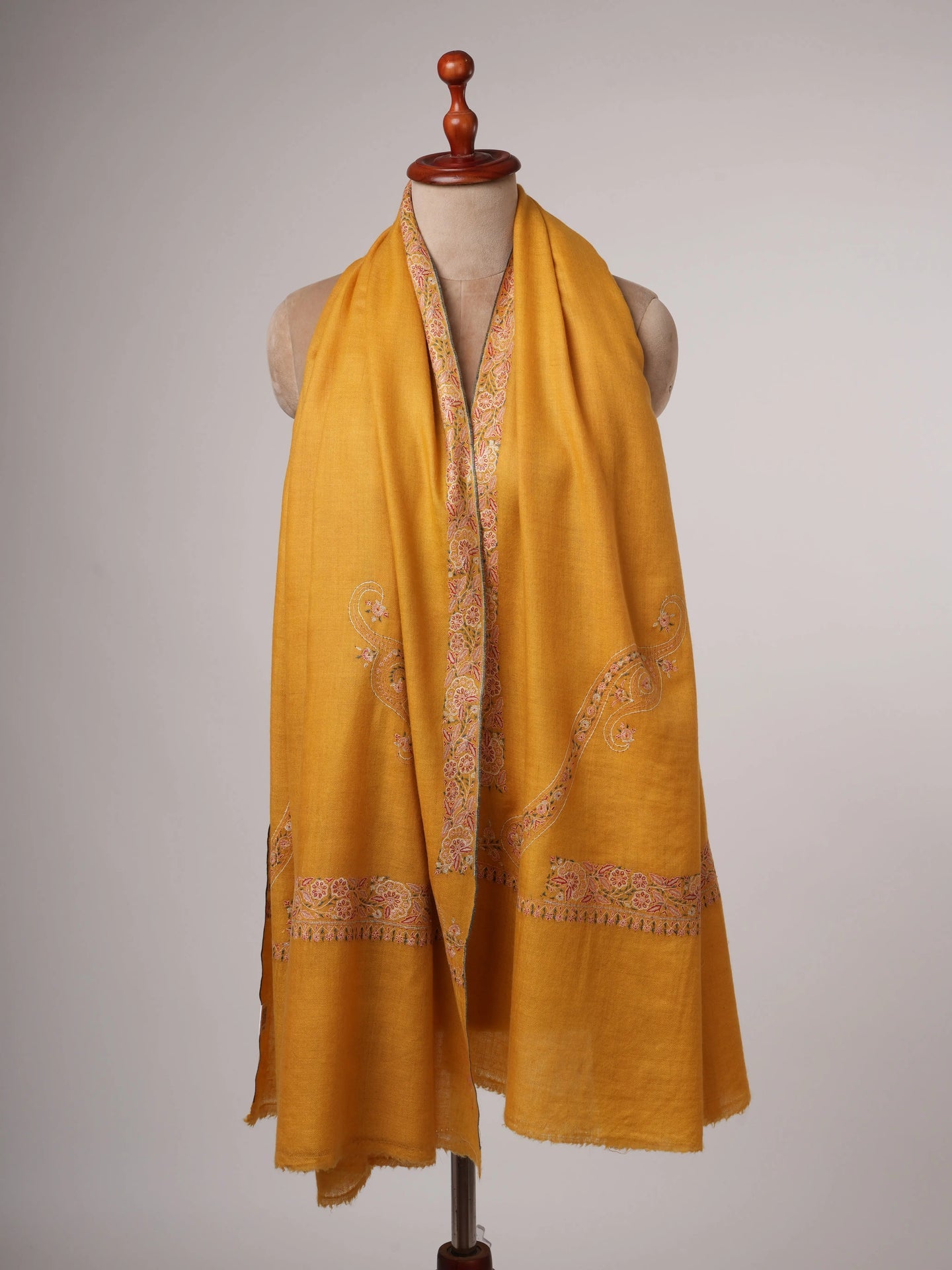 Golden Pashmina Shawl with Fine Border Embroidery Classic Paisley Corners Soft Elegant Shahkaar