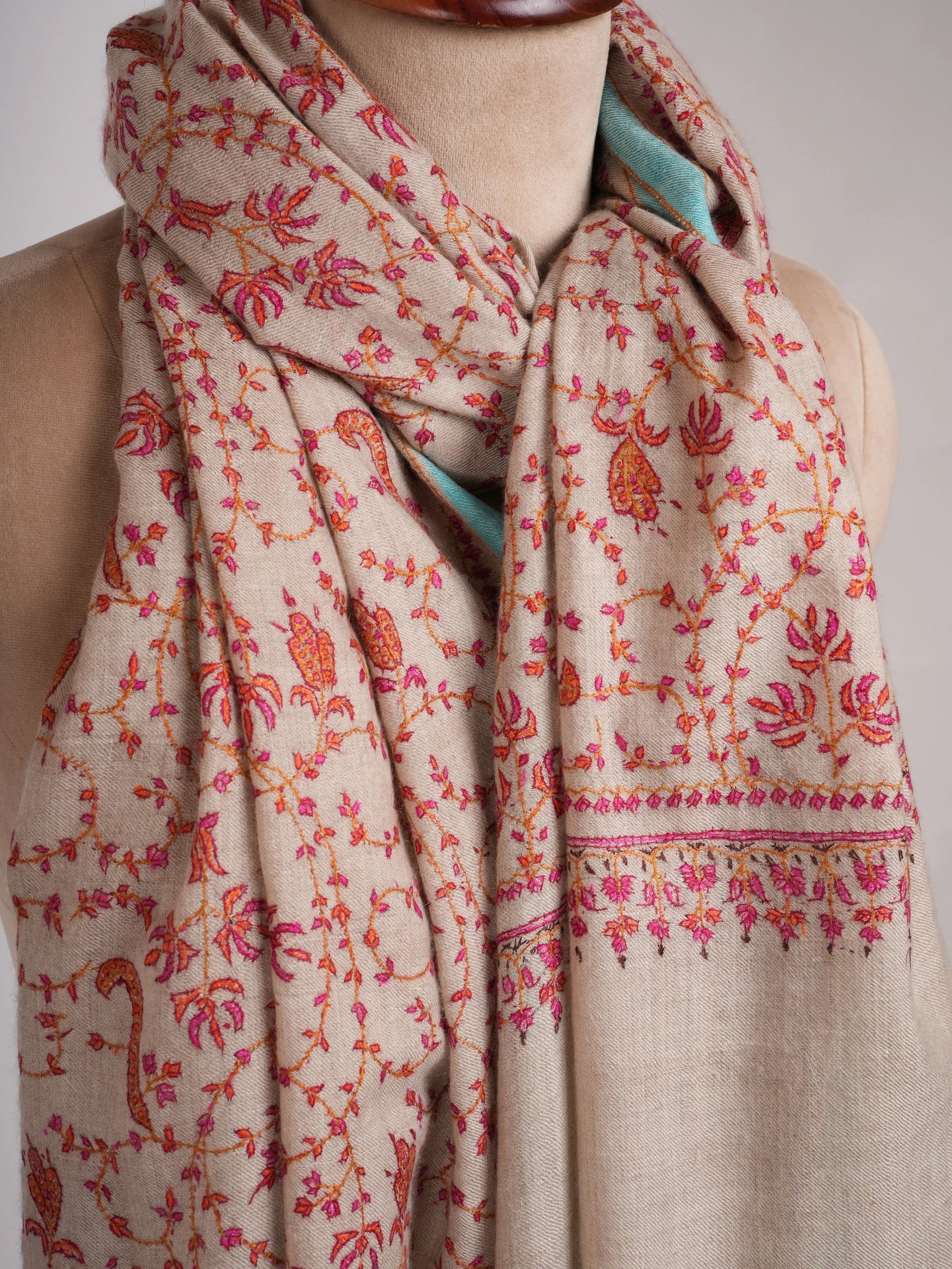 Hand Embroidered Allover Jali Motif Silver Pashmina Shawl Shahkaar