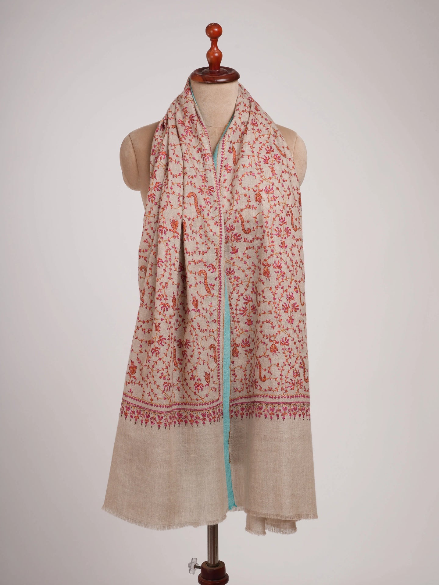 Hand Embroidered Allover Jali Motif Silver Pashmina Shawl Shahkaar