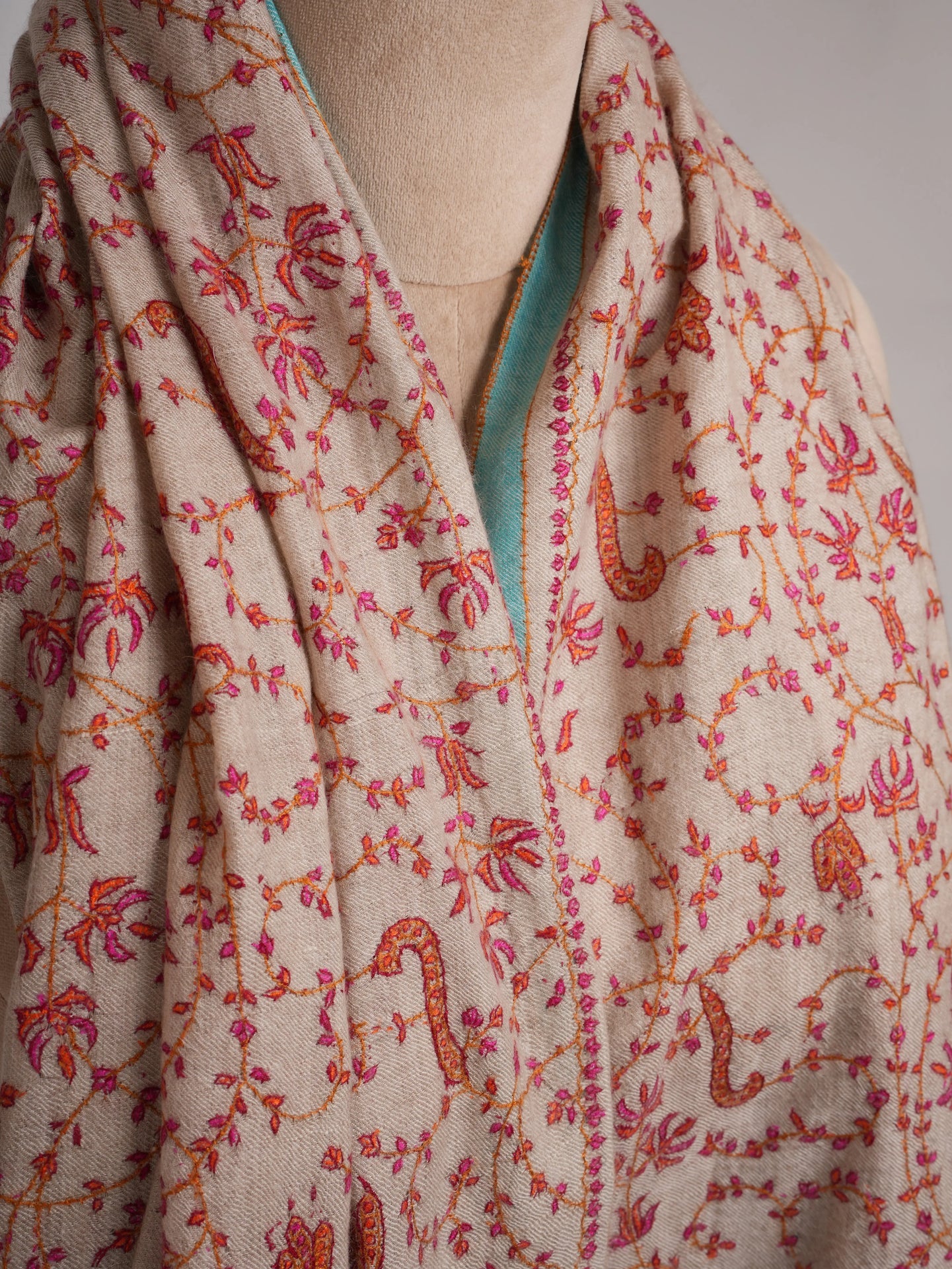 Hand Embroidered Allover Jali Motif Silver Pashmina Shawl Shahkaar
