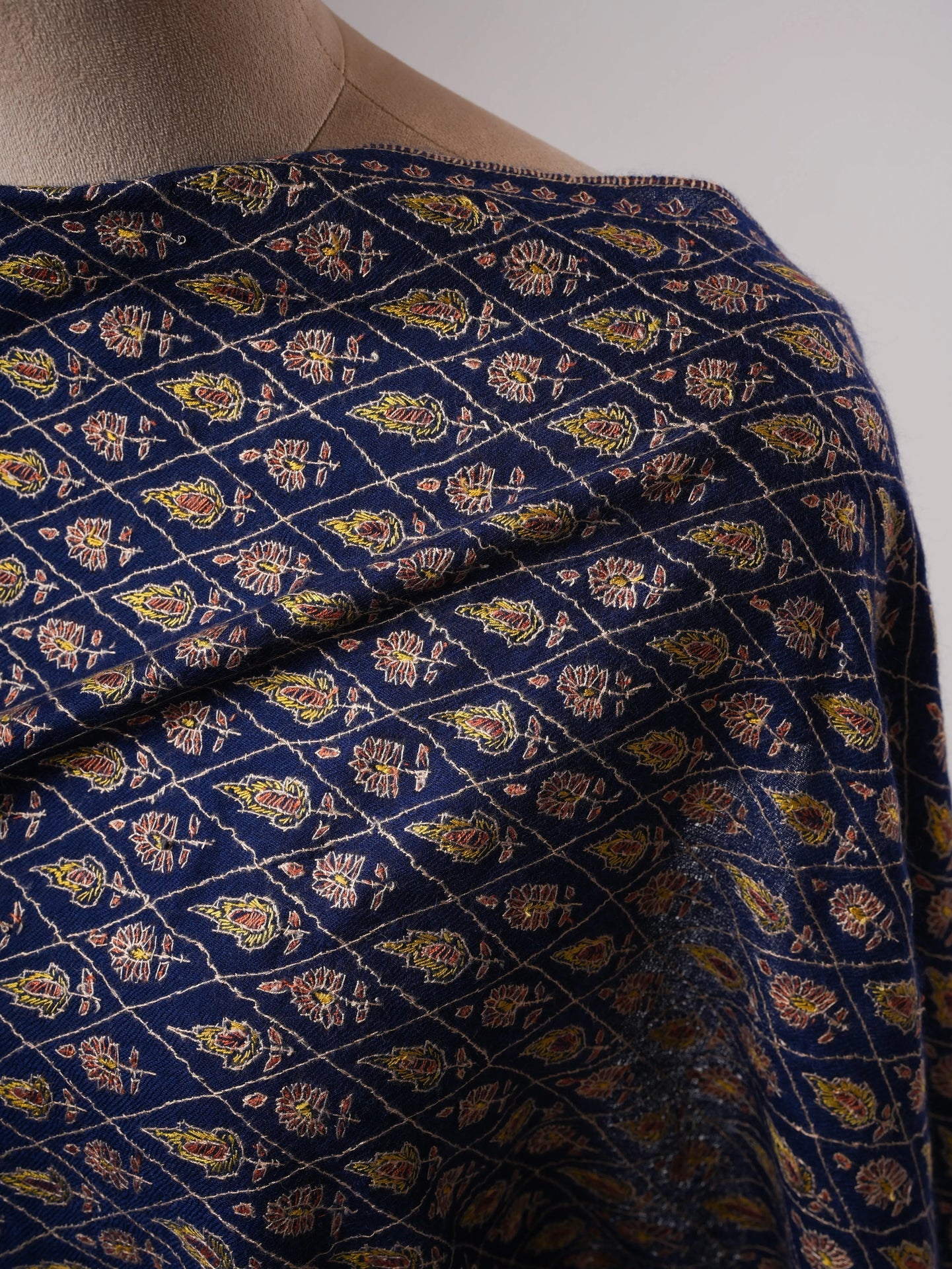 Hand Embroidered Navy Blue Kashmiri Cashmere Scarf Shahkaar