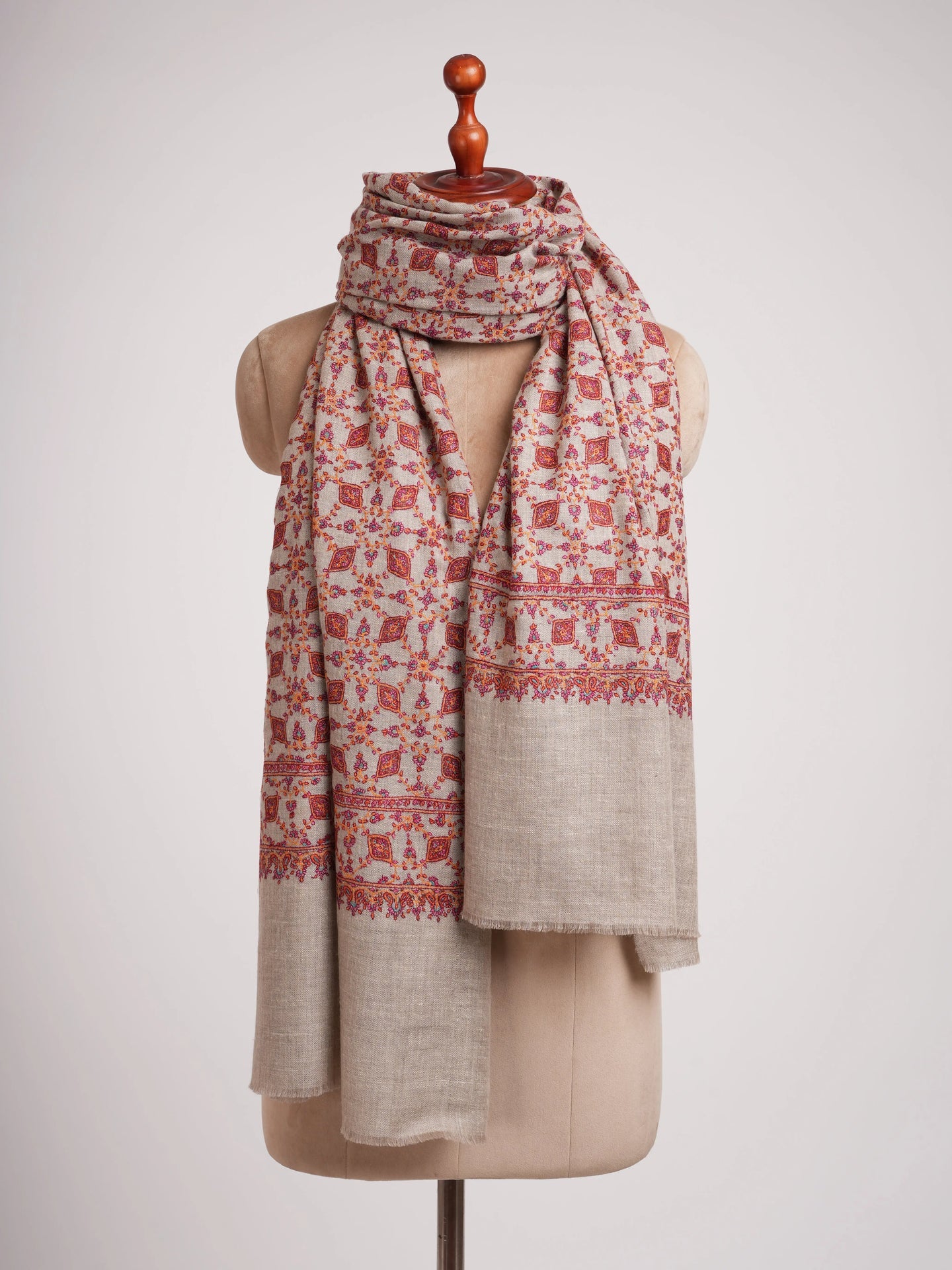 Hand Embroidered Neem Jamavar Pashmina Shawl Natural Taupe Shahkaar