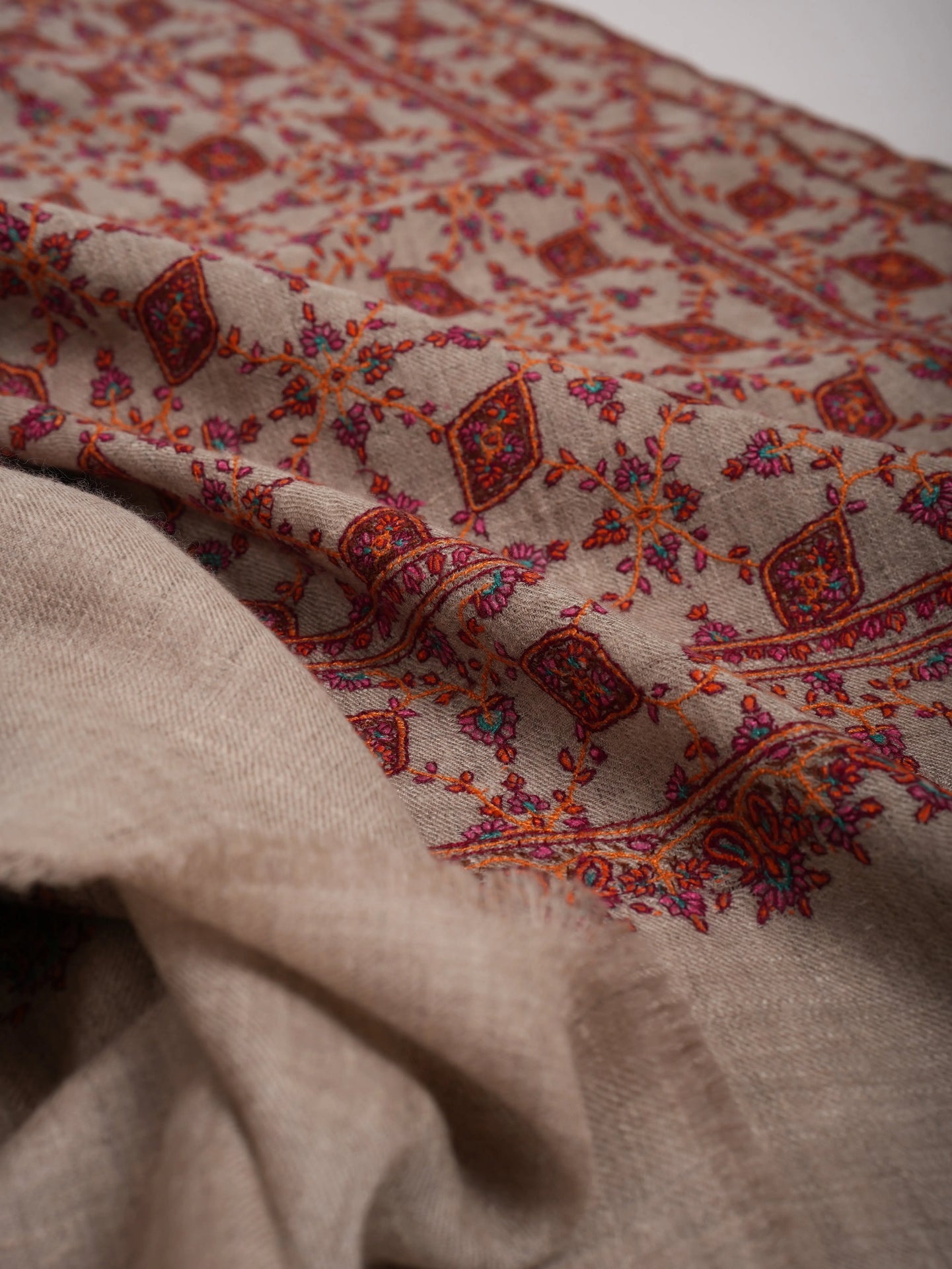 Hand Embroidered Neem Jamavar Pashmina Shawl Natural Taupe Shahkaar