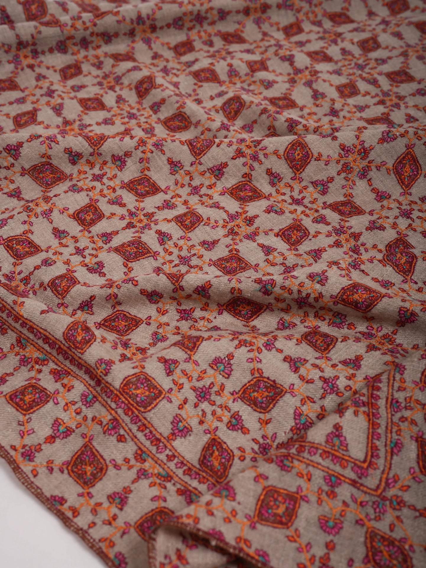 Hand Embroidered Neem Jamavar Pashmina Shawl Natural Taupe Shahkaar