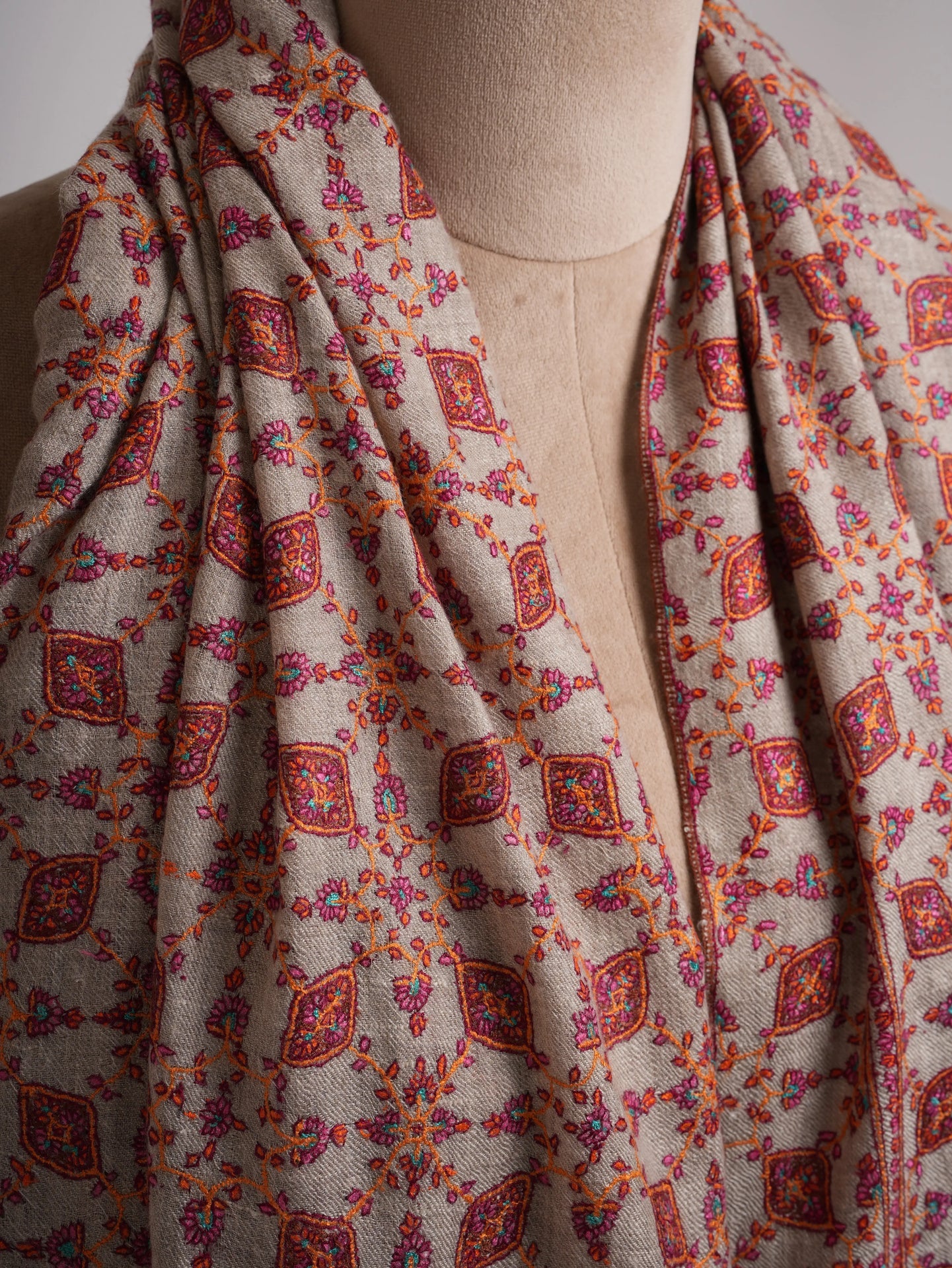 Hand Embroidered Neem Jamavar Pashmina Shawl Natural Taupe Shahkaar