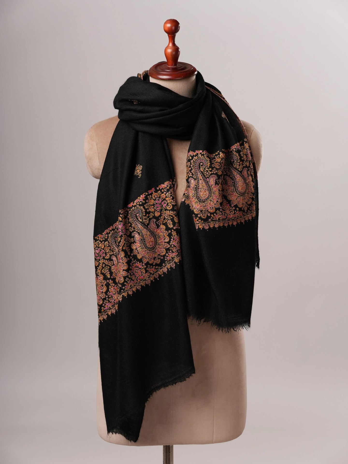 Handwoven Black Cashmere Scarf with Paisley Palla Embroidery Shahkaar