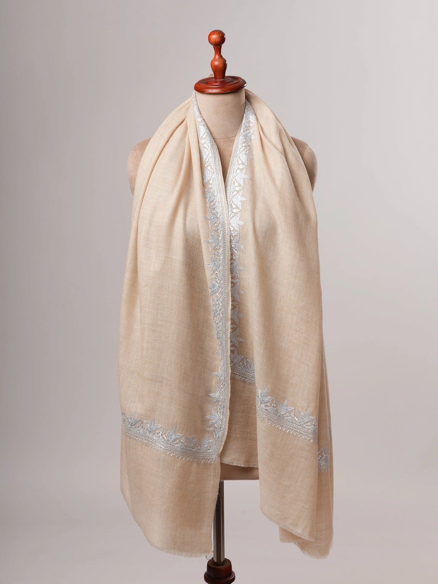 Handwoven Cream Pashmina Shawl Featuring Silver Tilla Daur Work Shahkaar