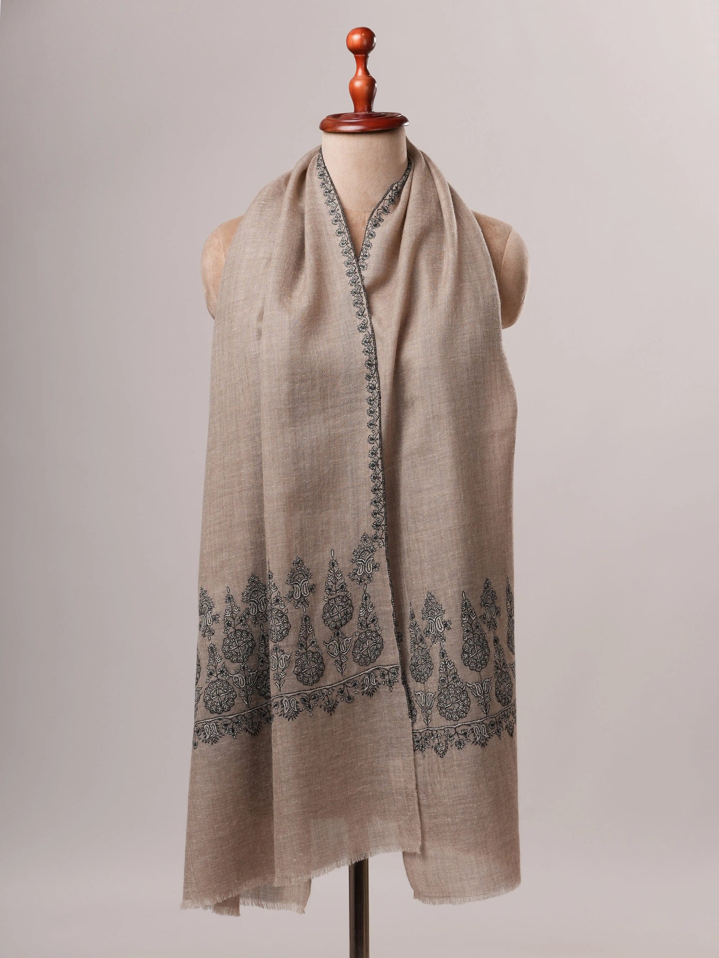 Handwoven Natural Grey Cashmere Scarf with Black and White Palla Embroidery Shahkaar