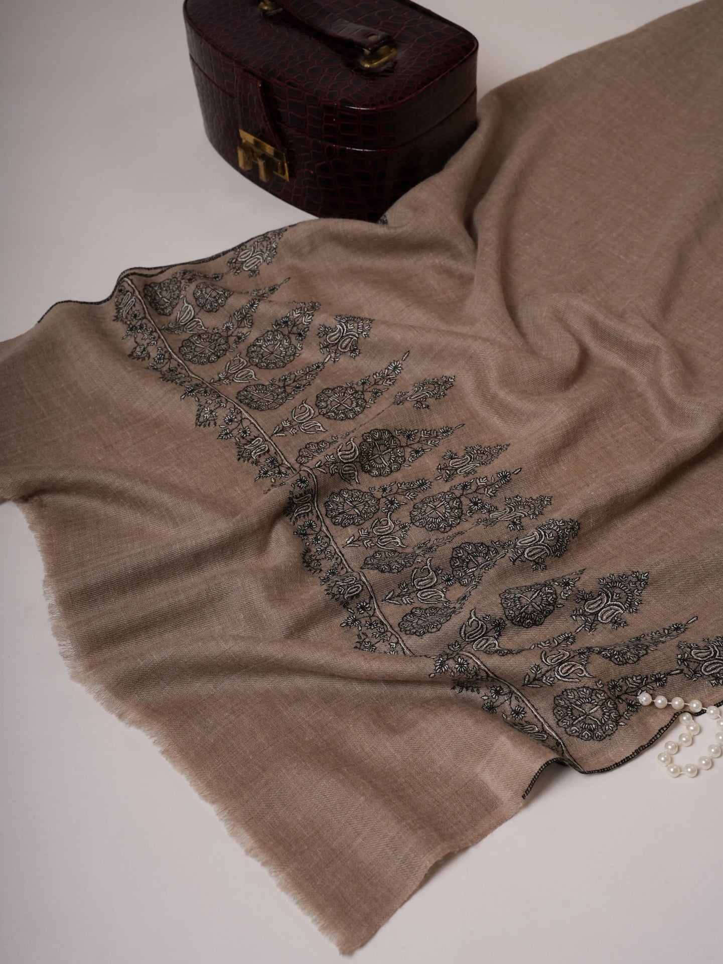 Handwoven Natural Grey Cashmere Scarf with Black and White Palla Embroidery Shahkaar