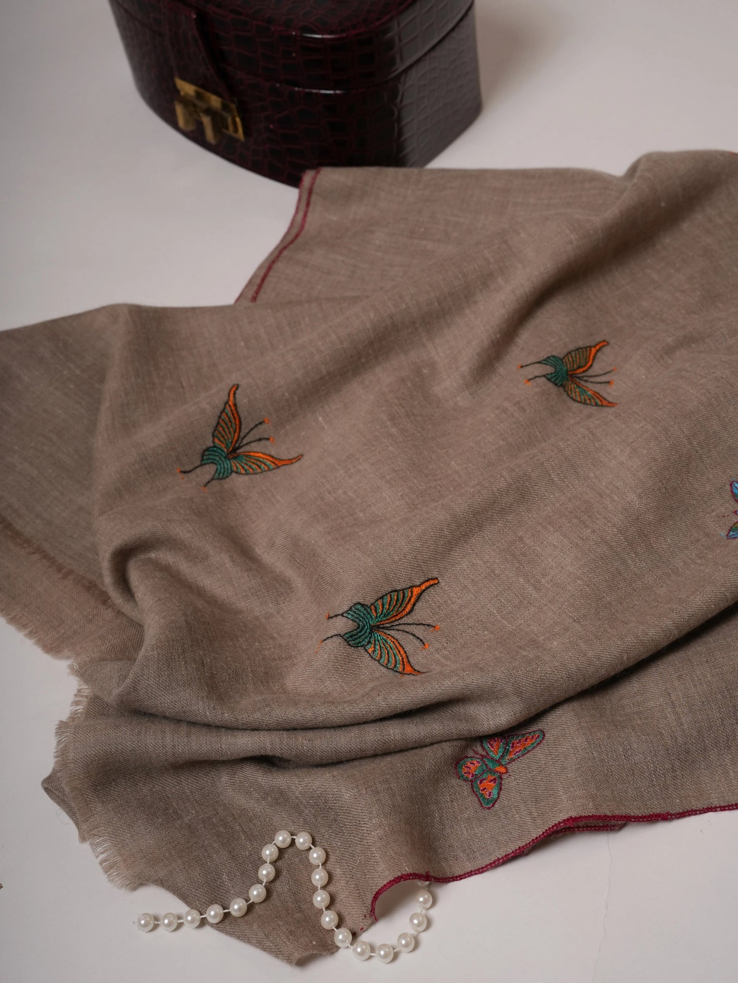 Handwoven Natural Grey Cashmere Scarf with Butterfly Embroidery Shahkaar