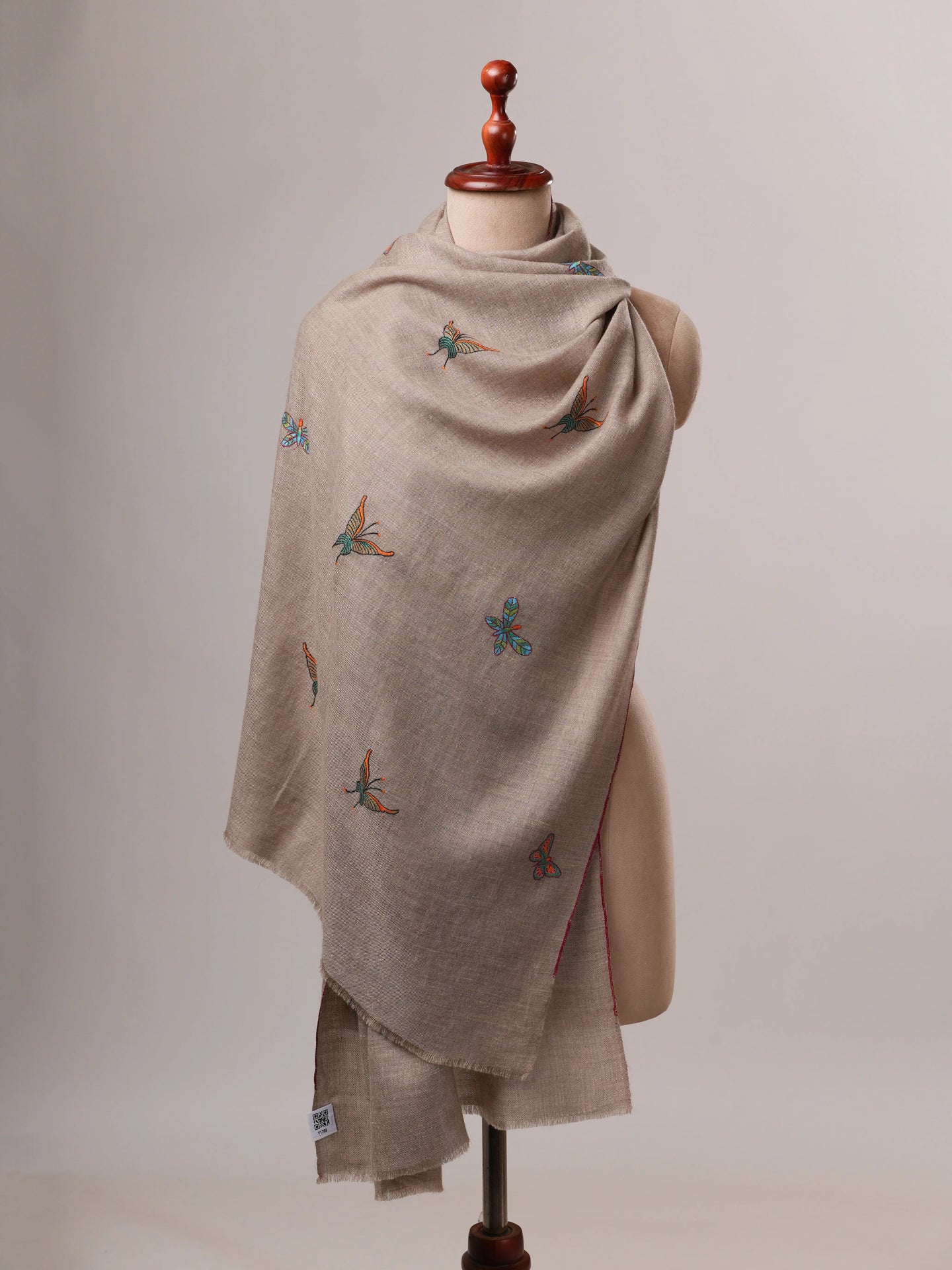Handwoven Natural Grey Cashmere Scarf with Butterfly Embroidery Shahkaar
